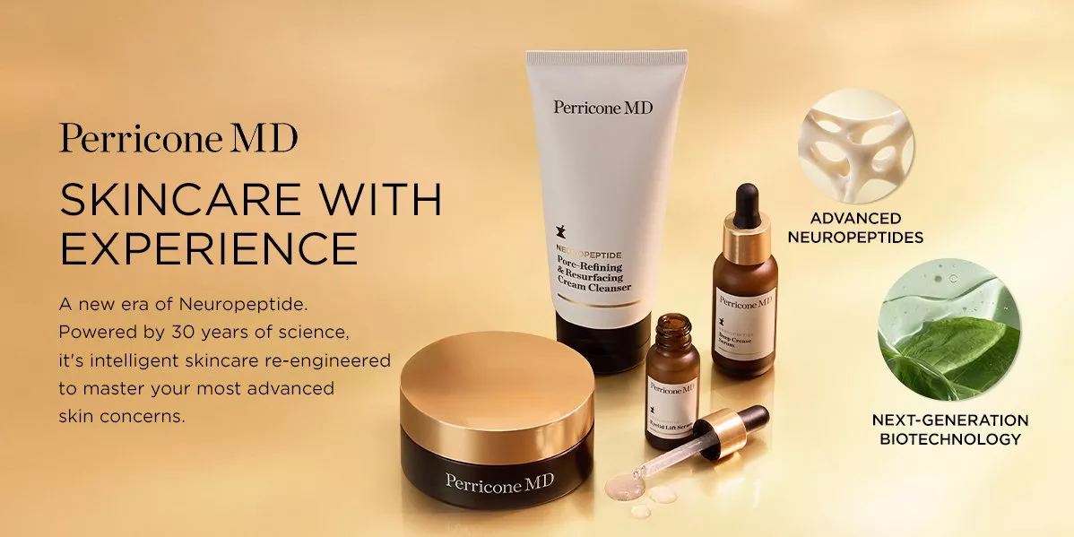 Perricone MD banner: "Skincare with Experience." Text highlights 30 years of science and Neuropeptides. Features a cleanser, serum, and cream against a gold backdrop with biotech icons.