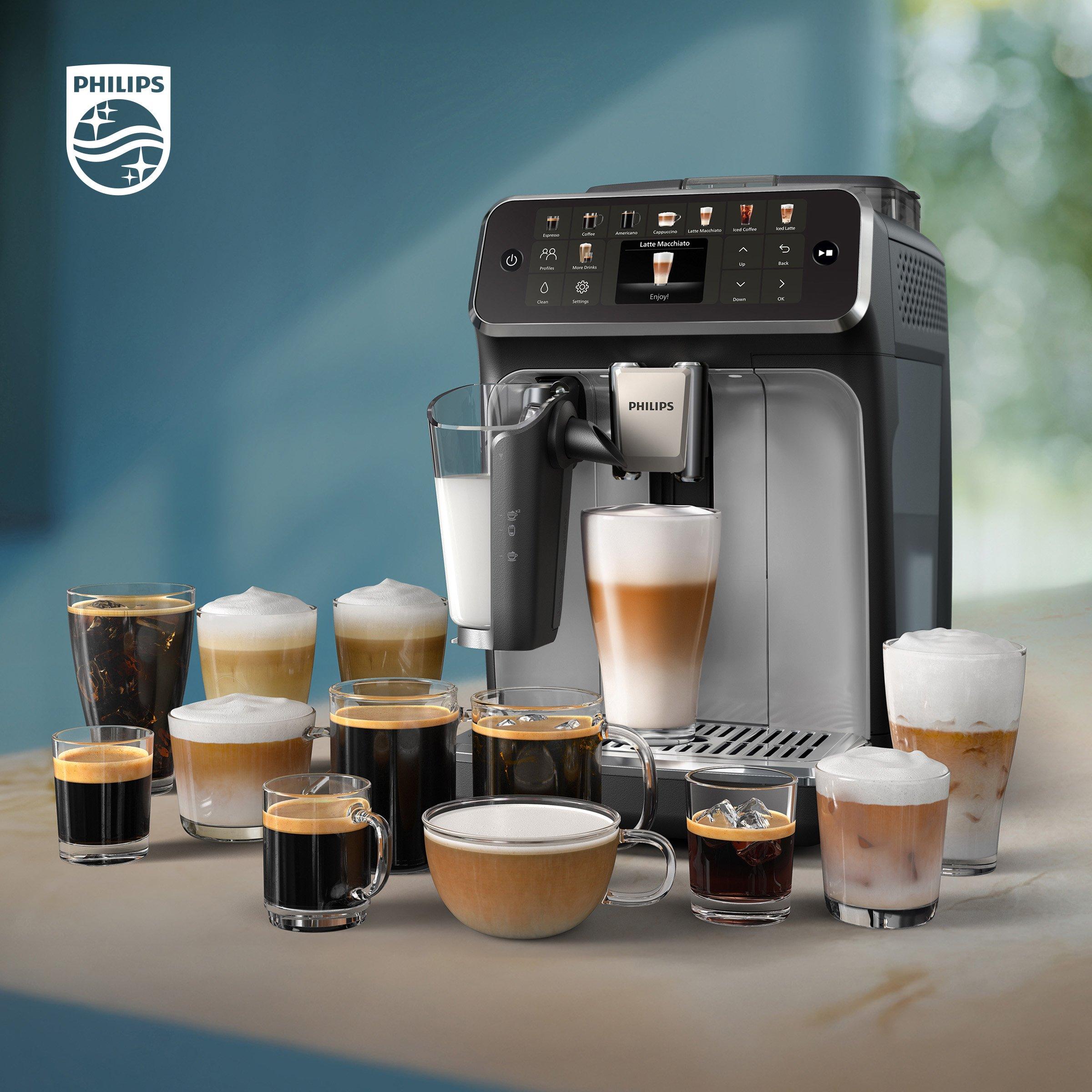 A Philips coffee machine with various coffee drinks around it.