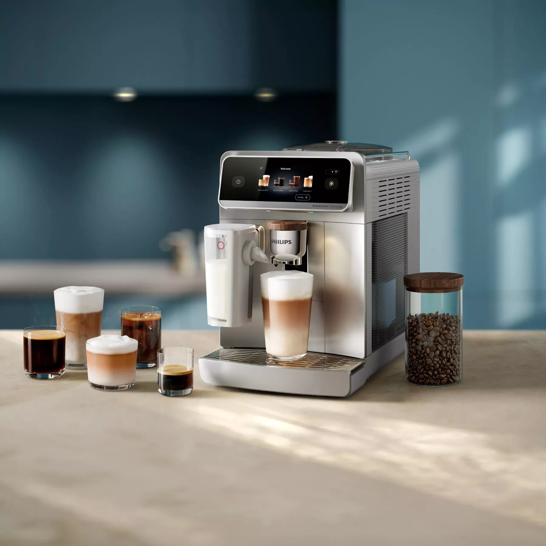 Modern Philips bean‑to‑cup coffee machine on kitchen counter with touchscreen, milk frother and assorted espresso drinks