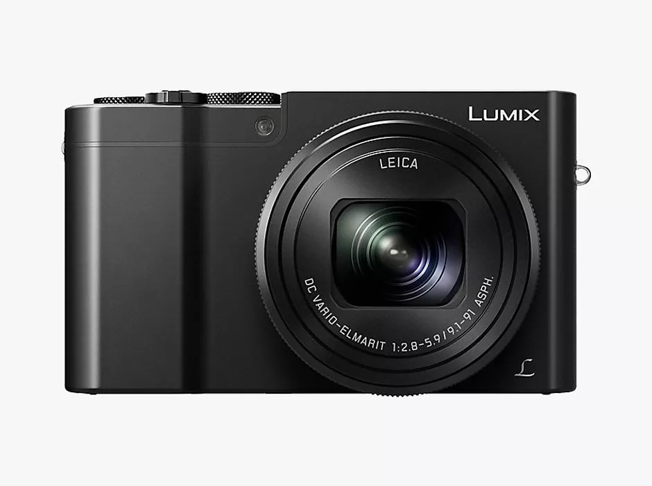 Compact black Lumix camera with Leica lens, featuring sleek design and advanced technology for quality photography.