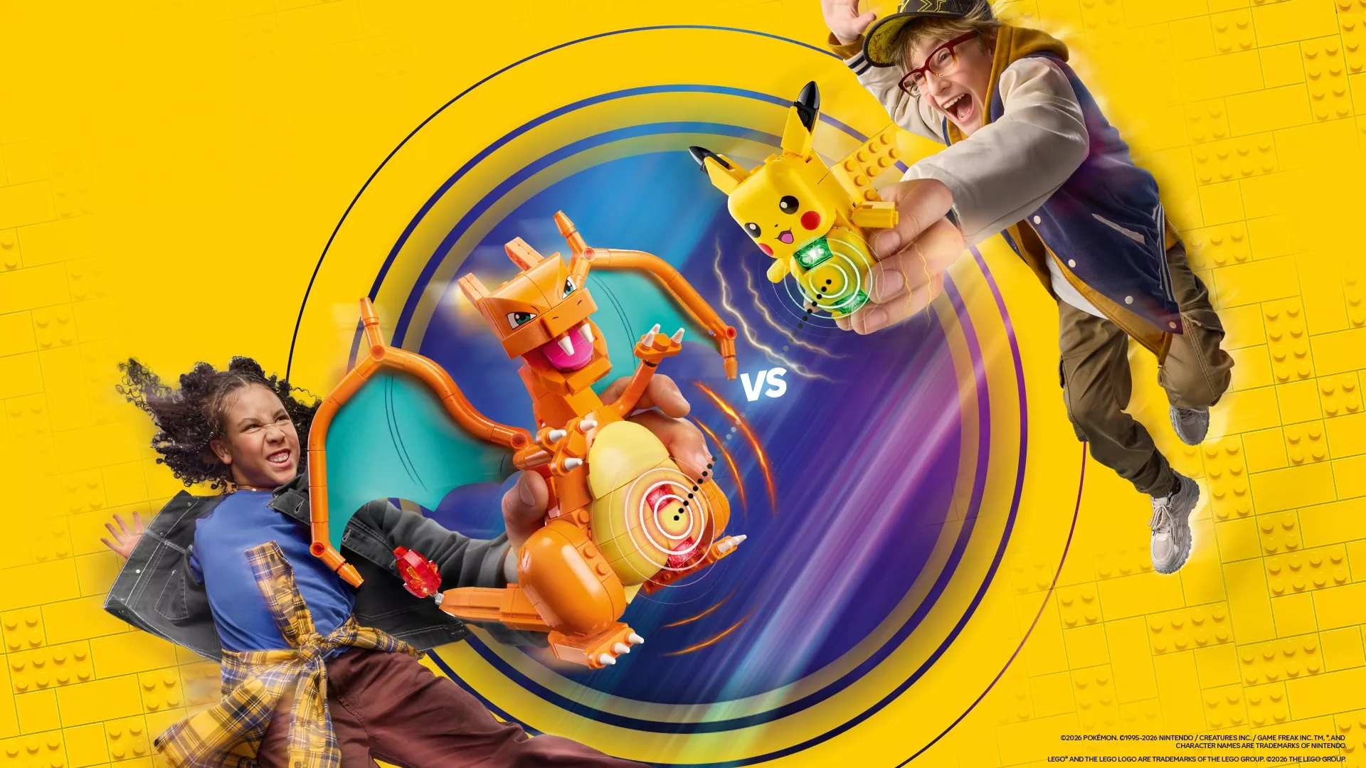 Children battling LEGO Pokémon Pikachu vs Charizard with action effects on bright yellow LEGO brick background