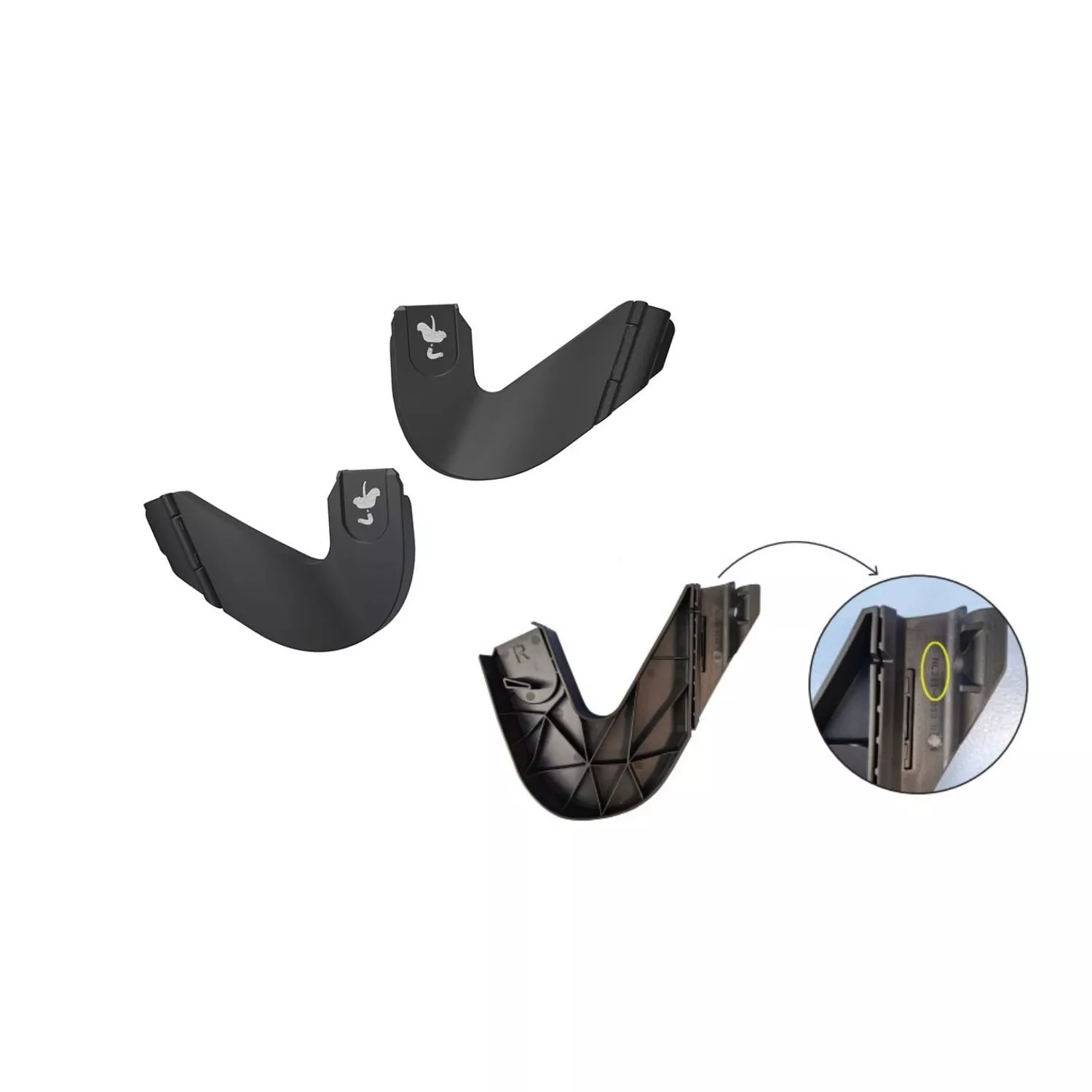 Pair of black ISOFIX car seat guide clips, left and right connectors, shown with close-up fit detail