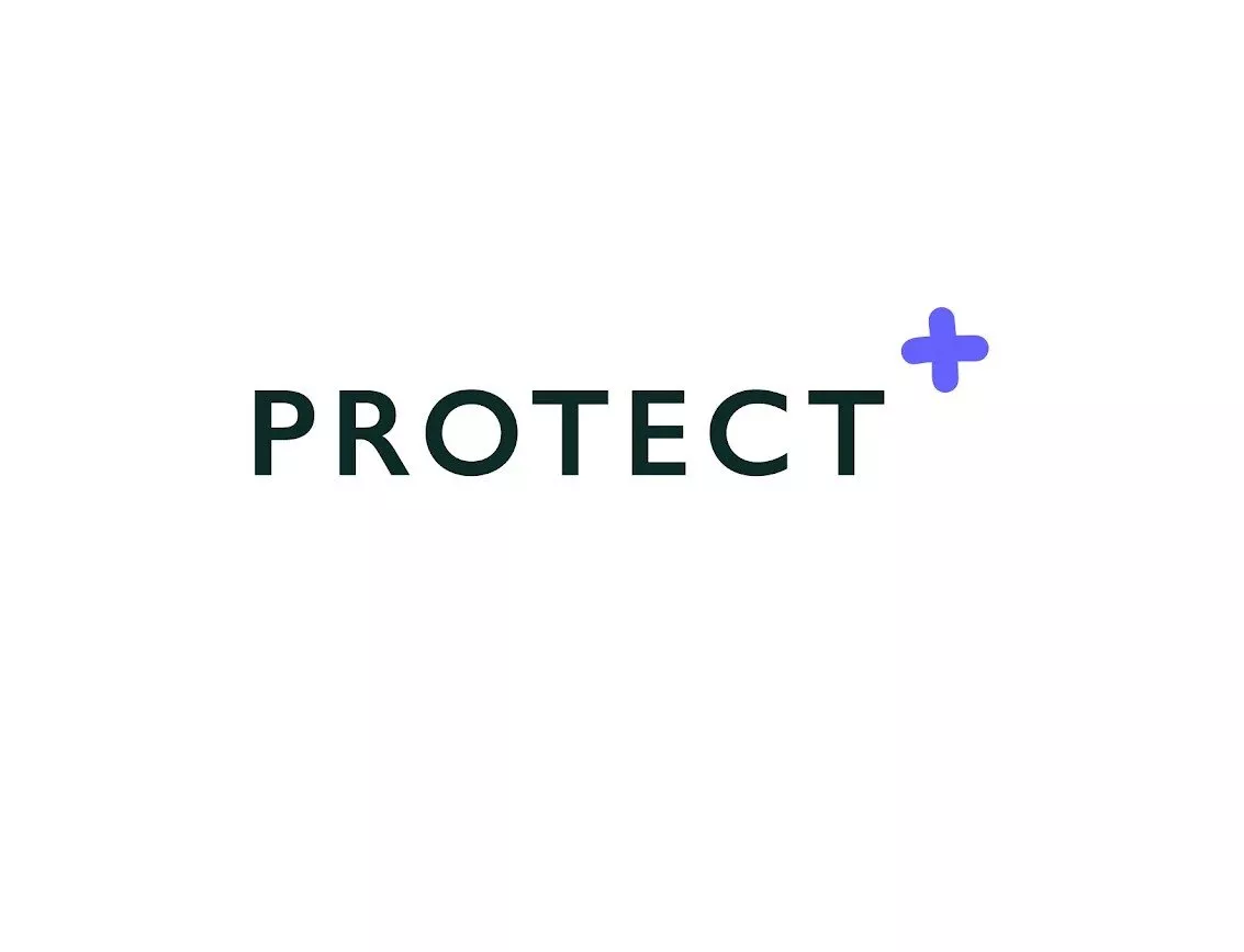 PROTECT+ logo in black text with a red plus sign, minimalist brand mark for safety and protection services
