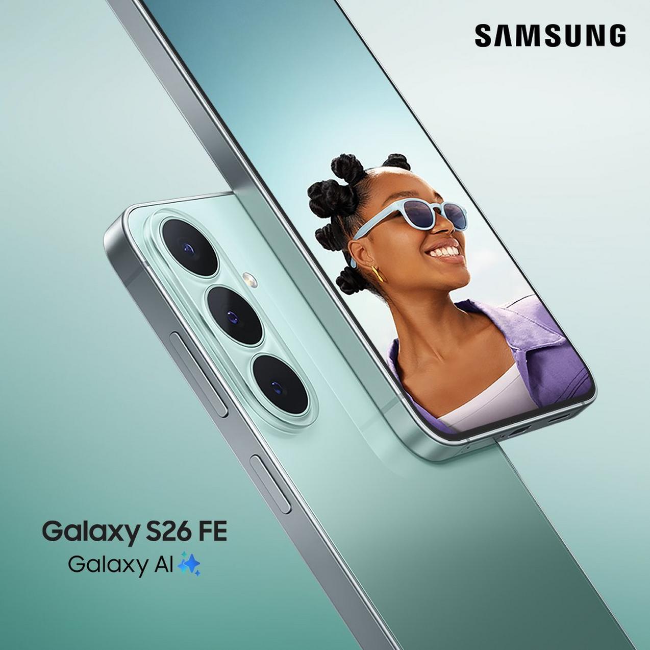 Image of the light green Samsung Galaxy S26 FE, showing the back three camera lenses and front display featuring a smiling woman in sunglasses, labeled with "Galaxy S26 FE" and "Galaxy AI"