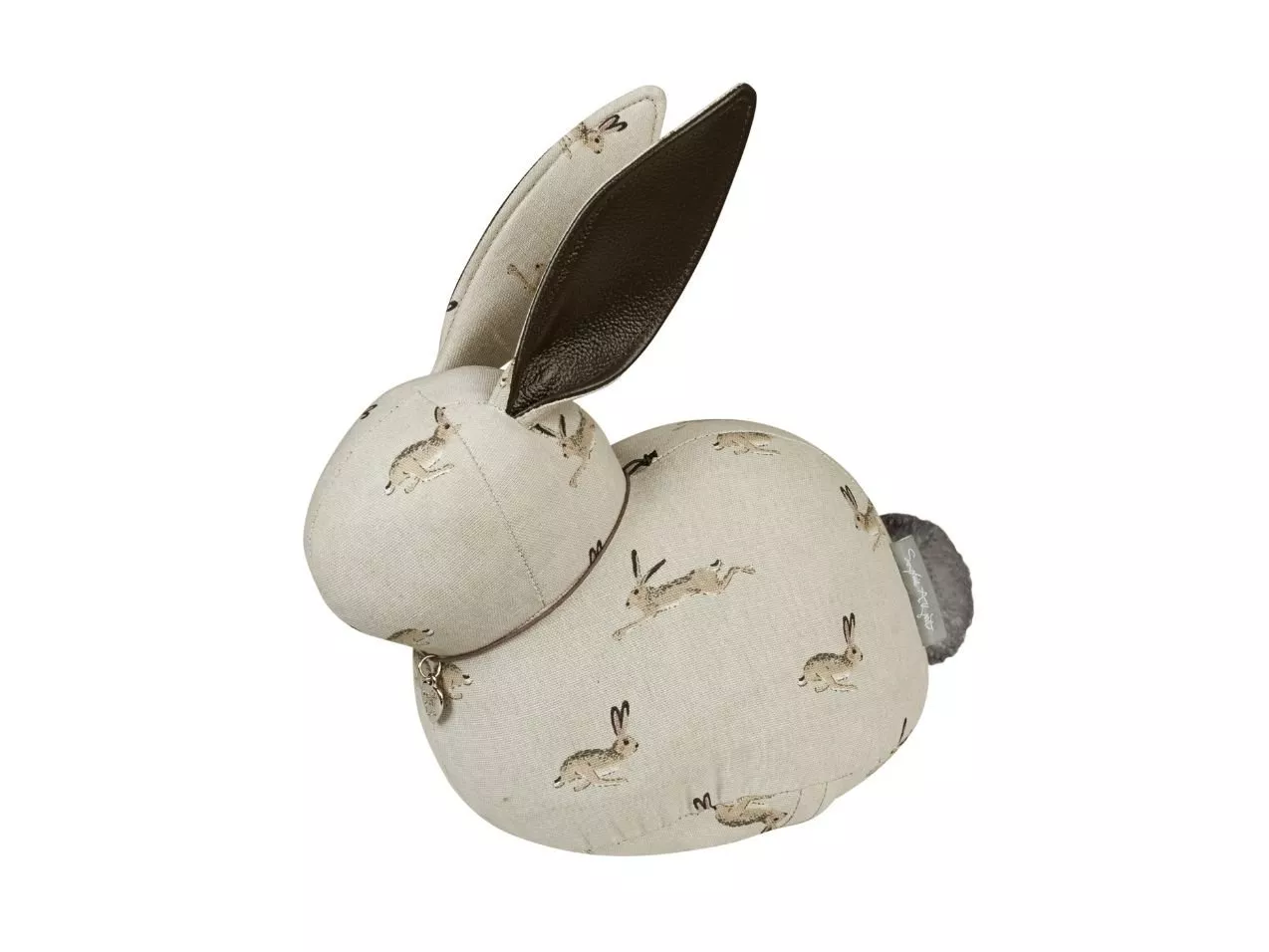Fabric rabbit doorstop with hare print, grey tail and upright ears, decorative home accessory on white background
