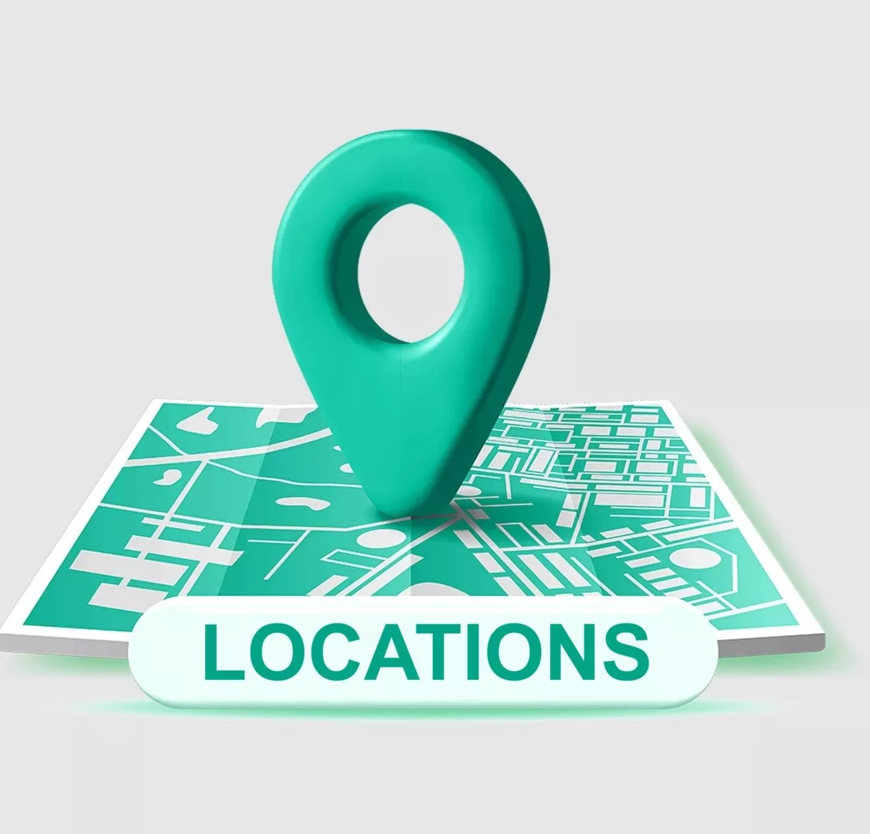 3D teal location pin on folded map with “Locations” label, representing navigation and business locations