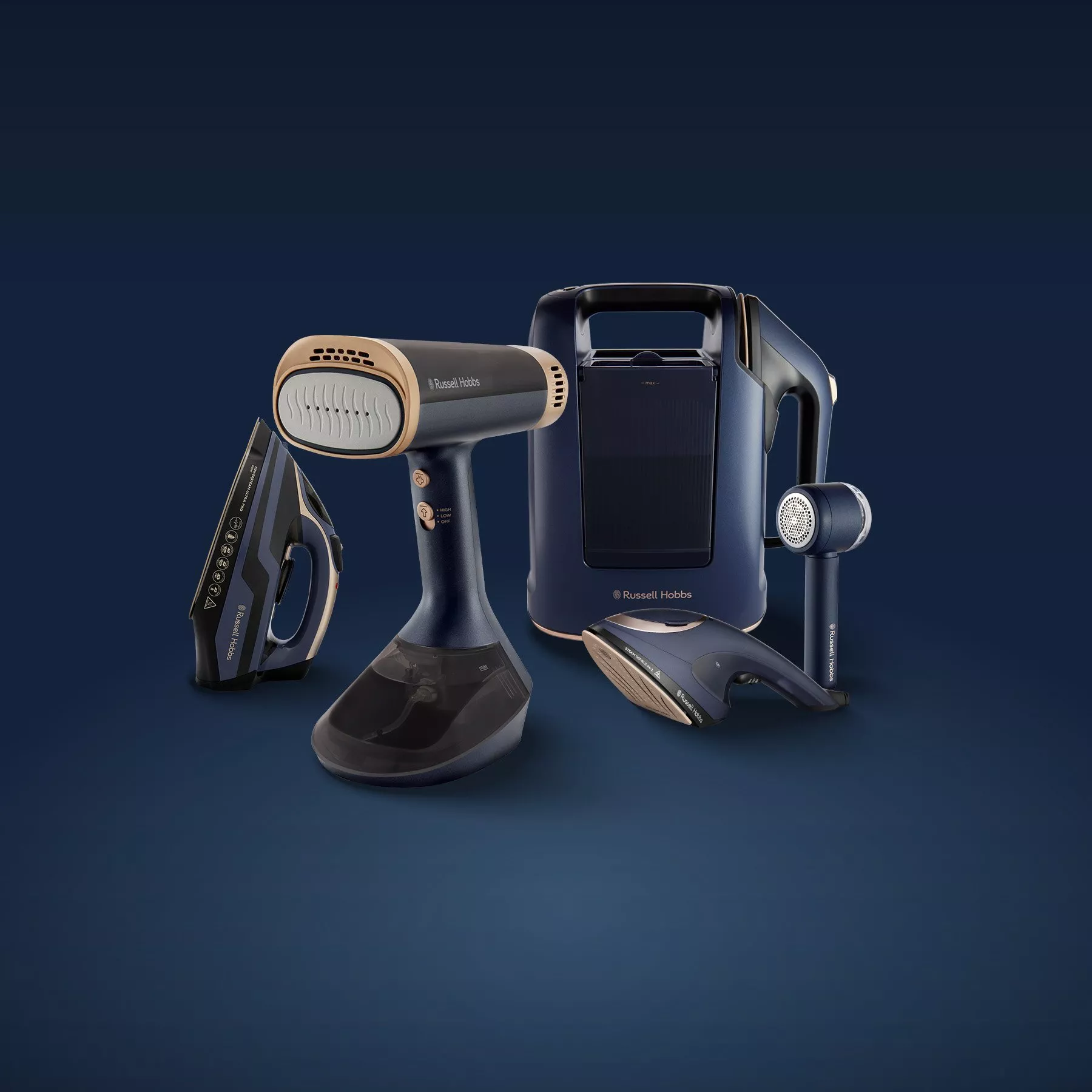 A collection of Russell Hobbs garment care appliances, including irons and steamers, on a dark blue background.
