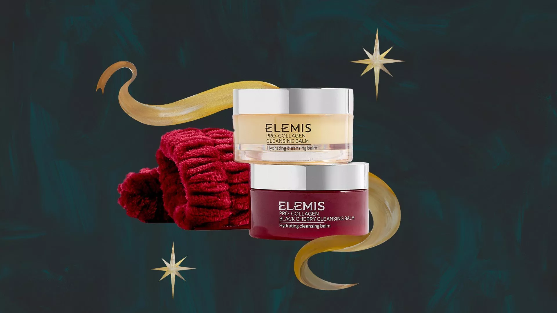 Elemis Pro-Collagen Cleansing Balm showing the soft, yellow balm inside. Presenting a lovely packaged gift set
