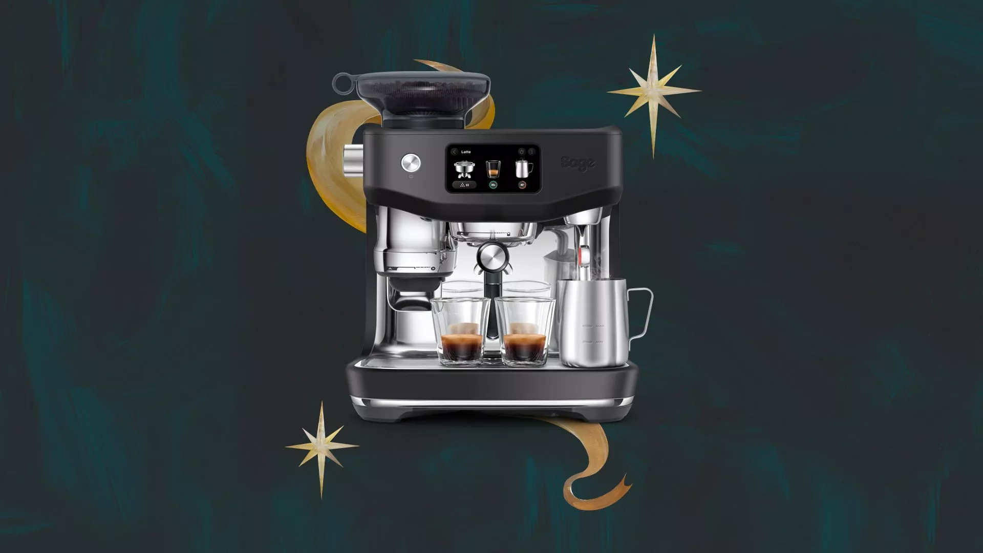Sage matte black automatic espresso machine with built-in bean hopper and digital touchscreen display, actively brewing espresso into two glass cups alongside a stainless steel milk frothing pitcher.