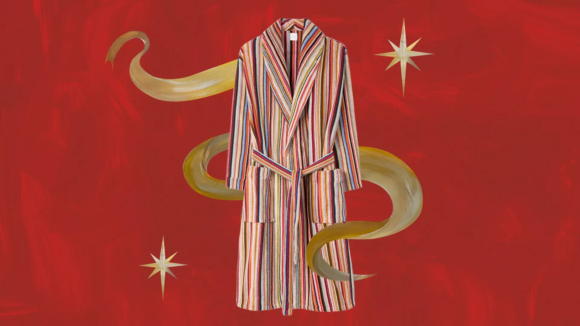 A plush, knee-length bathrobe featuring a vibrant, multi-colored vertical stripe pattern with a matching tie belt at the waist and two front patch pockets.
