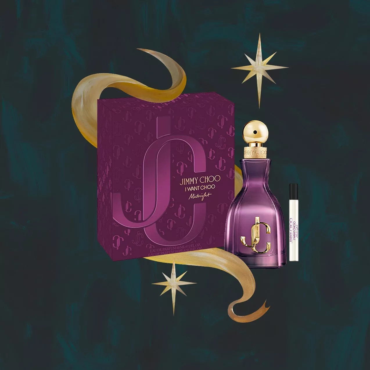 Jimmy Choo I Want Choo Midnight perfume gift set featuring a deep purple bottle with gold details, a matching gift box, and a mini travel spray.