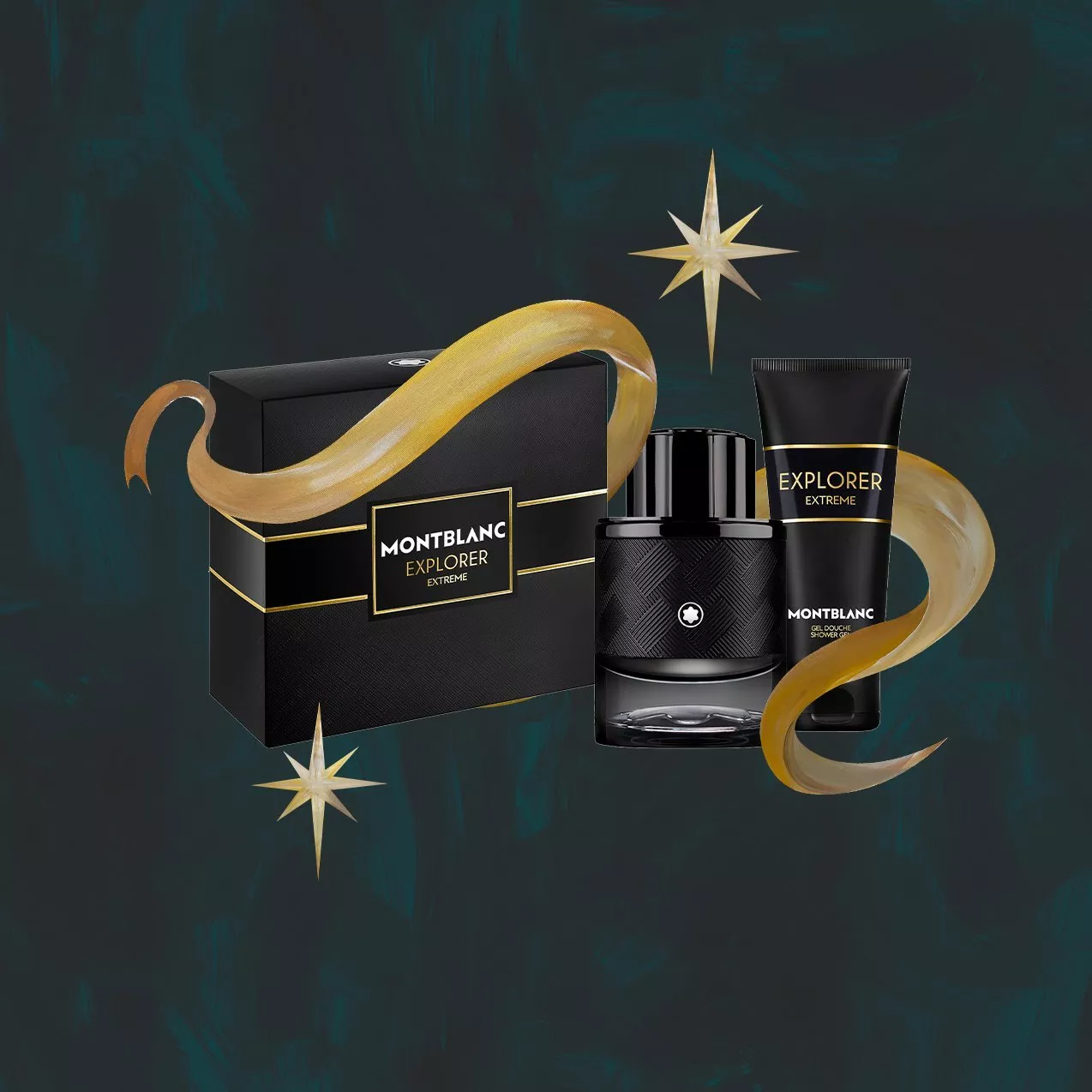 Montblanc Explorer Extreme men's perfume gift set featuring a black bottle, a matching shower gel tube, and a black box with gold trim.