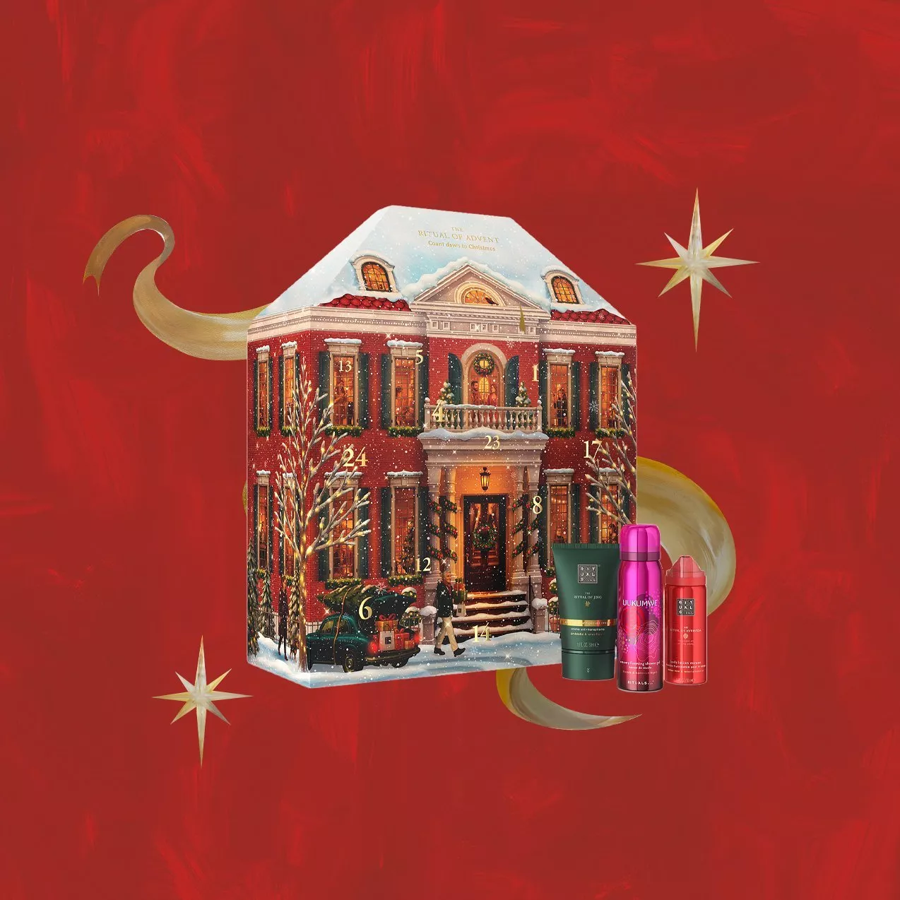 A Rituals "The Ritual of Advent" calendar shaped like a snowy, red 3D house, alongside three cosmetics products.