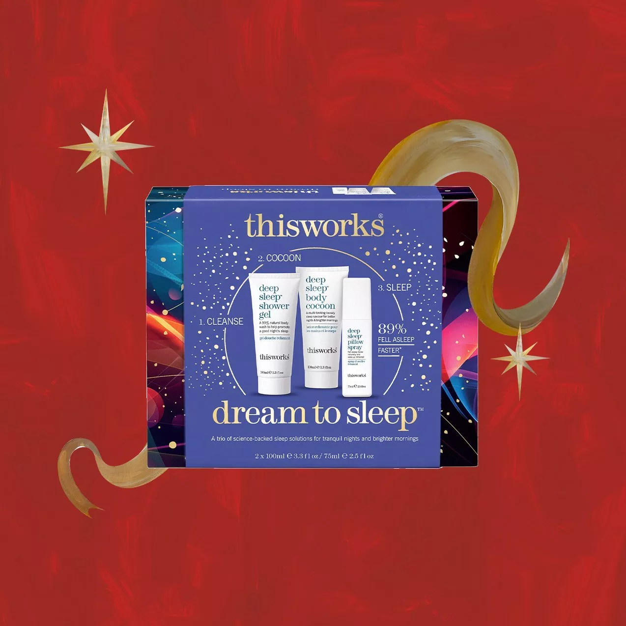 This works Dream to Sleep gift set featuring shower gel, body cocoon lotion, and deep sleep pillow spray in blue holiday packaging.