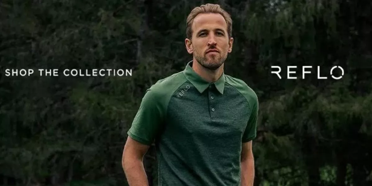 A banner showing Harry Kane in Reflo golf shirt.