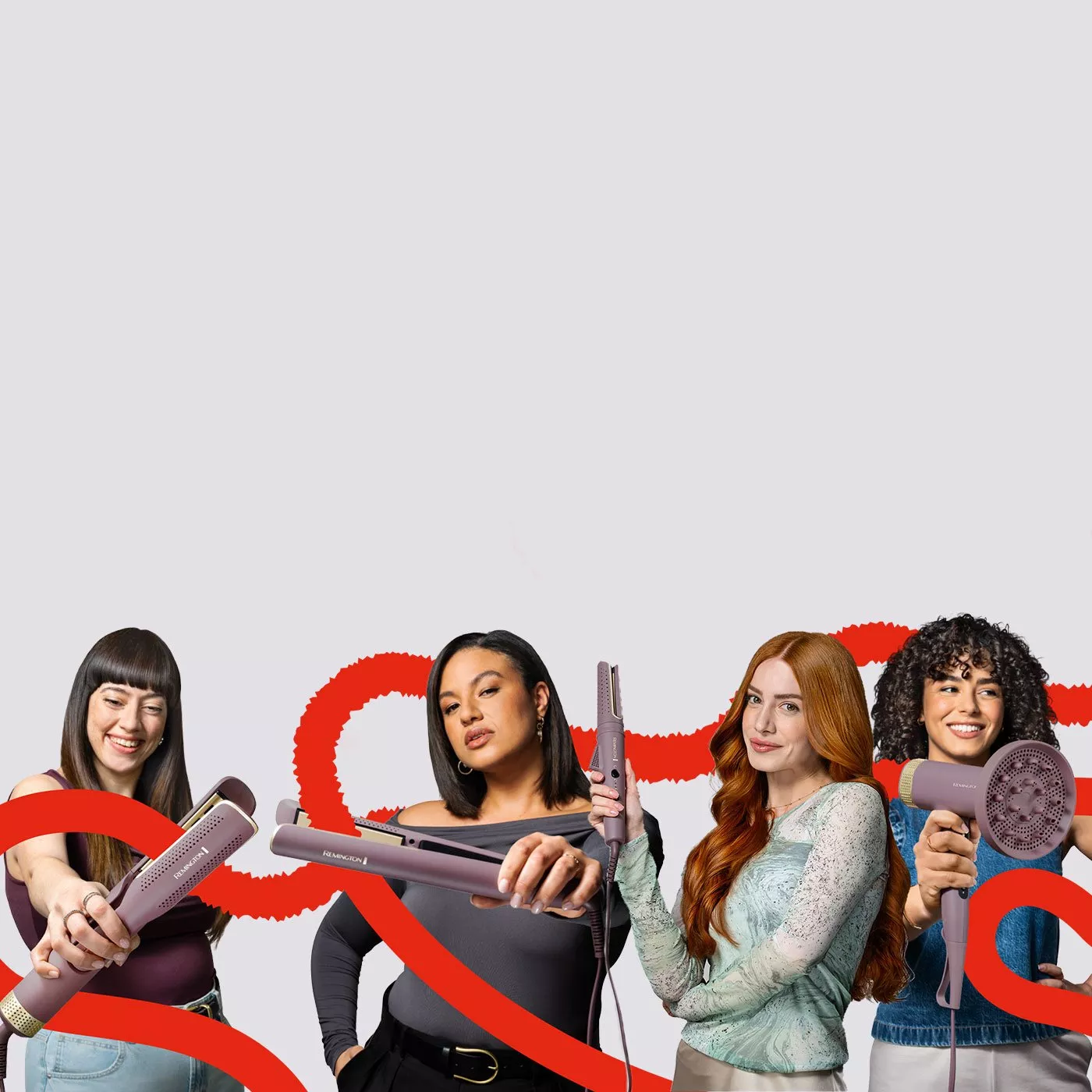 Four women showcasing Remington hair styling tools, including straightener, curler and hair dryer, on grey backdrop.