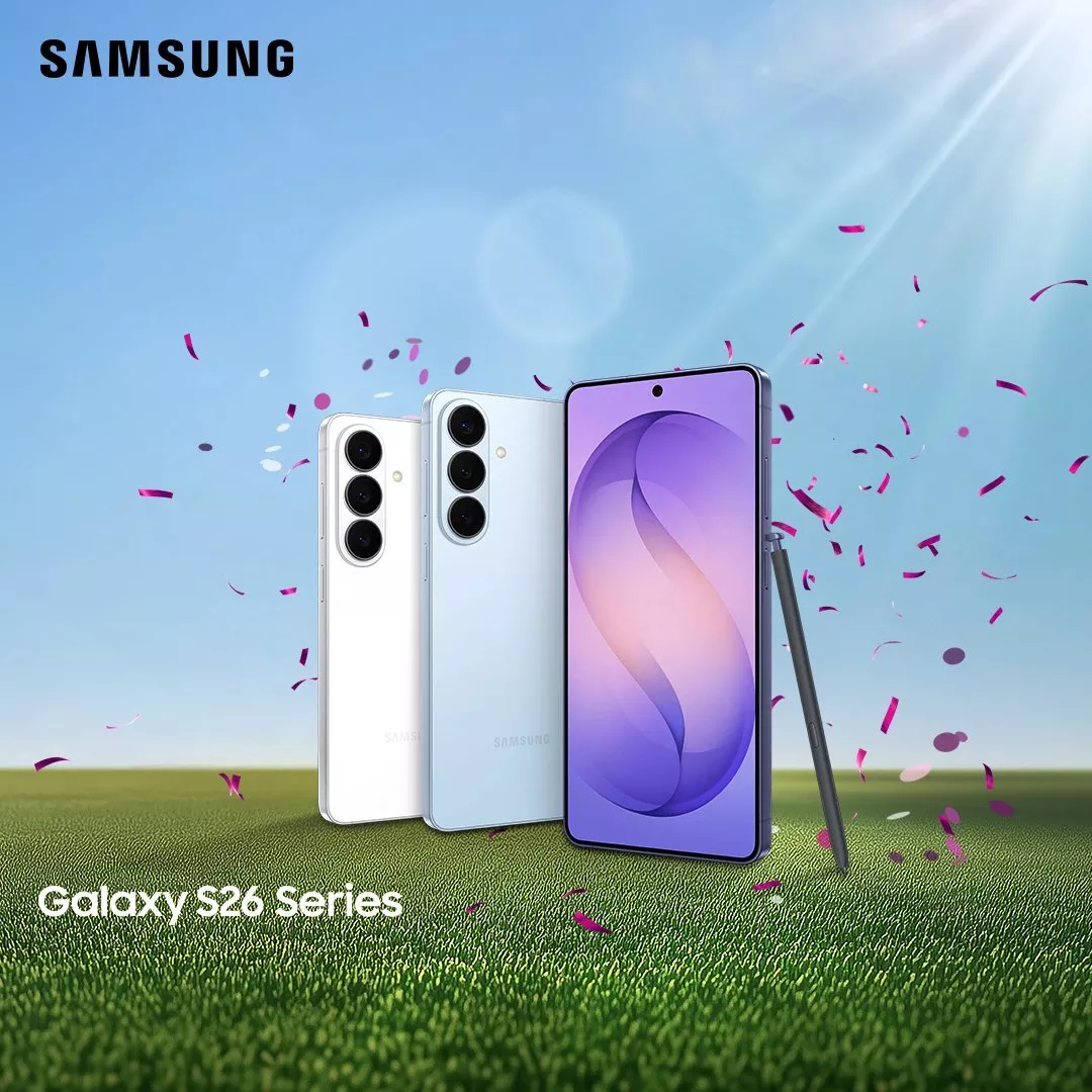 Samsung Galaxy S26 Series smartphones with S Pen on grass, blue sky background and confetti celebration