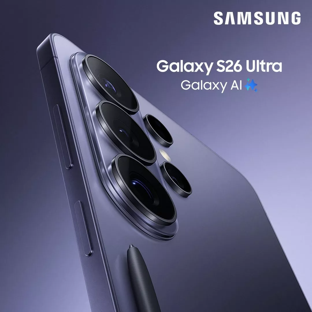 Samsung Galaxy S26 Ultra smartphone rear view with quad camera lenses and Galaxy AI branding on purple background