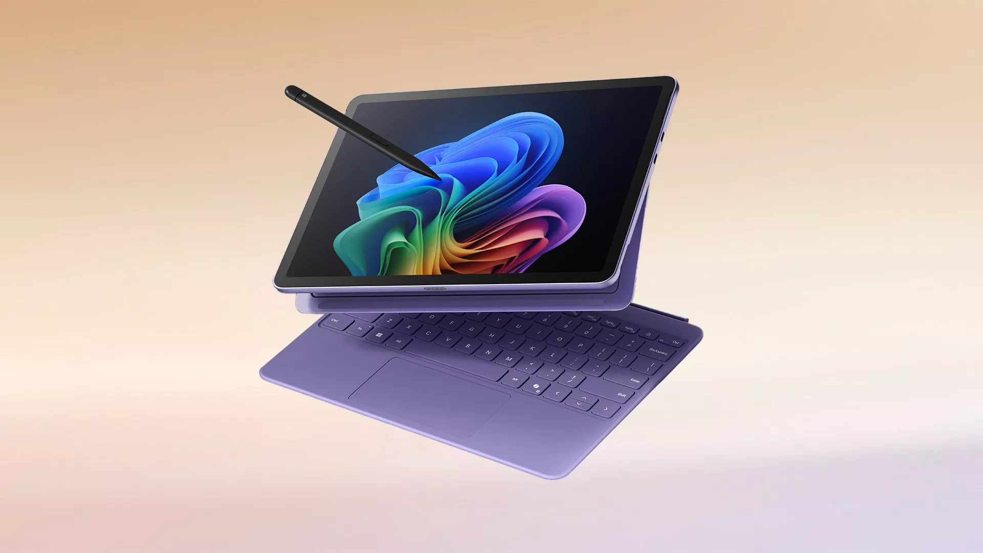 Floating purple laptop with detachable touchscreen and stylus, showcasing vibrant digital art on the screen.