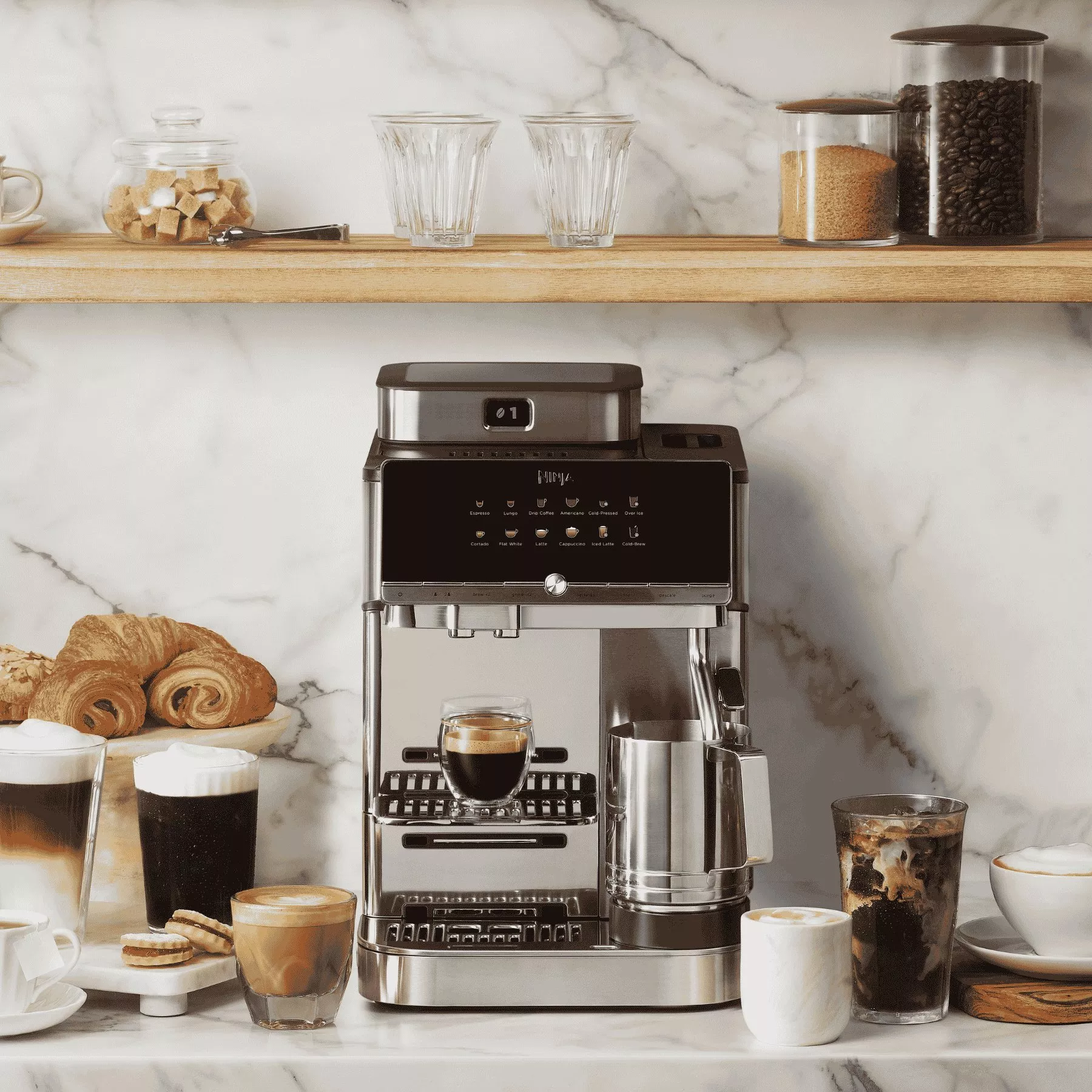 Modern espresso machine on marble countertop with iced and hot coffee drinks, pastries, beans and sugar jars