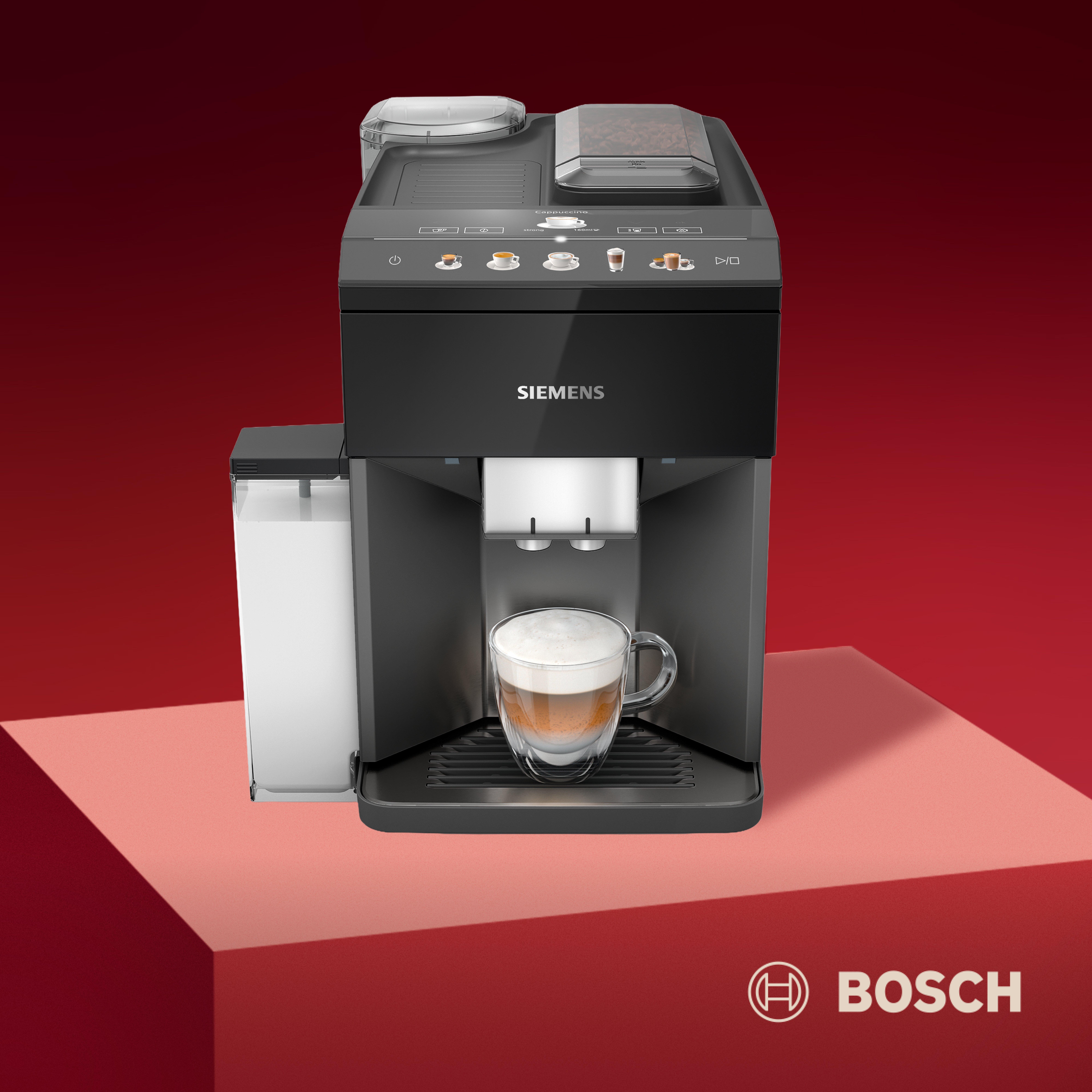 bosch coffee machine on a red backbround and plinth
