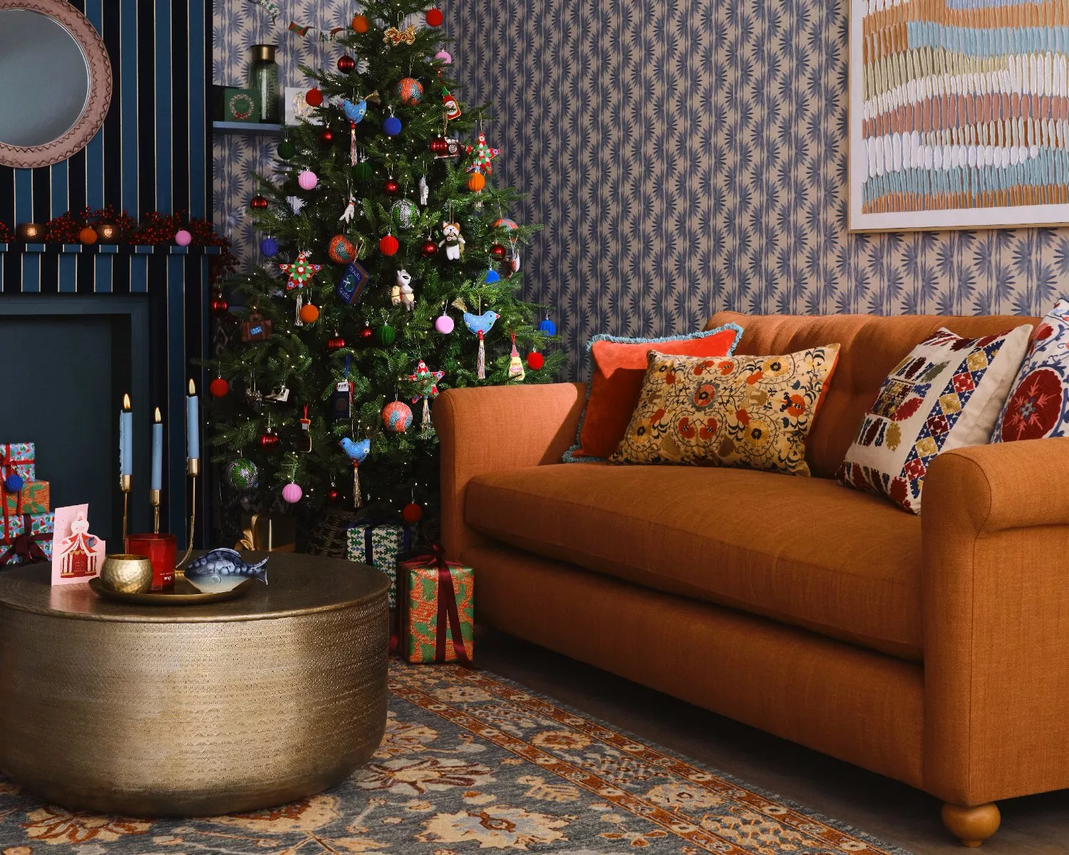 Orange sofa with a Christmas tree next to it
