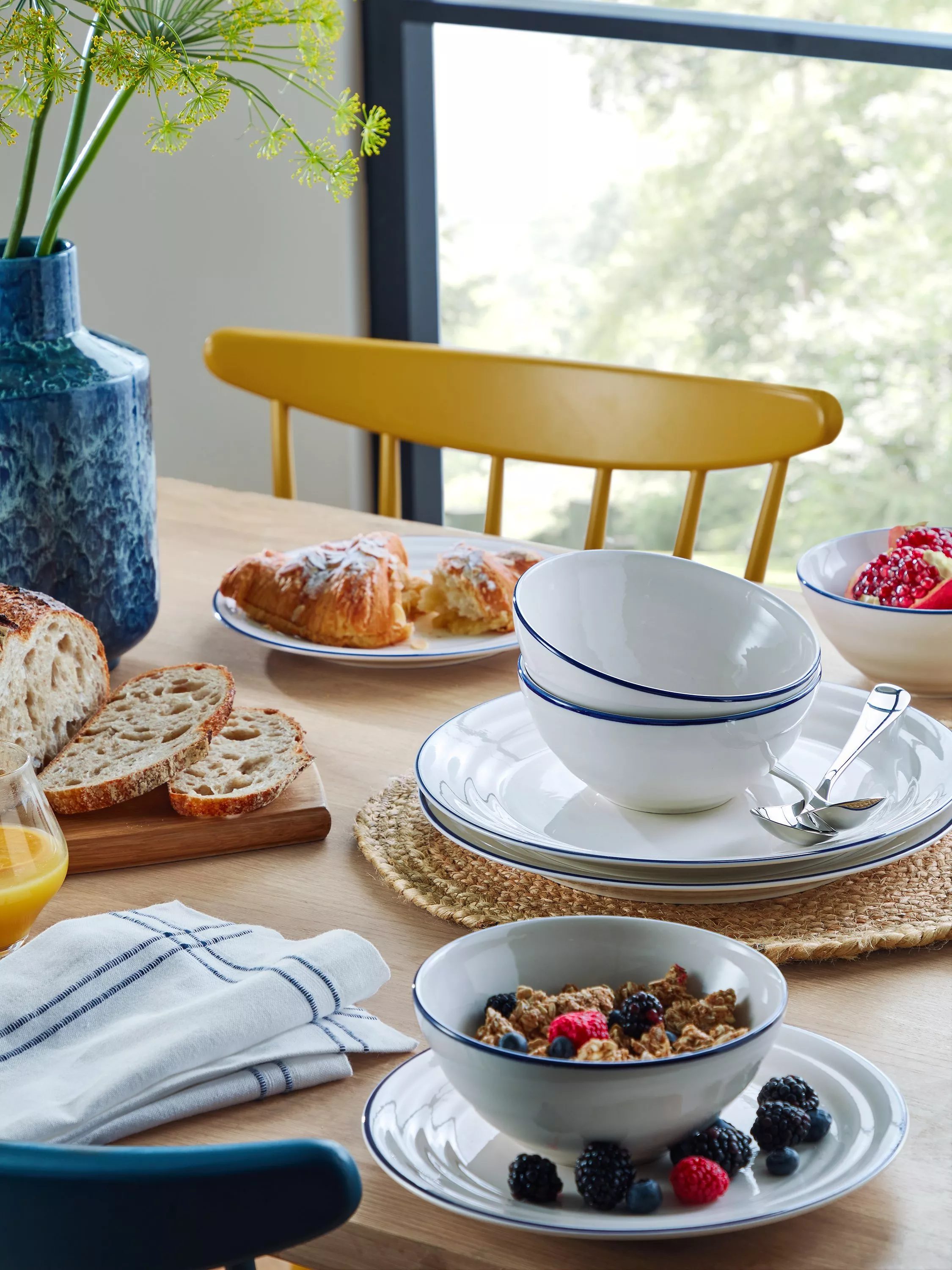 John Lewis Harbour Blue Rim Stoneware Dinnerware Set, 12 Piece