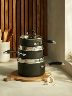 John Lewis 'The Pan' Aluminium Non-Stick Saucepan & Glass Lids Set, 3 Piece - view 2, Black