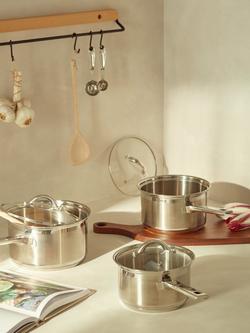 John Lewis Classic Glass Lid Stainless Steel Saucepan Set, 3 Pieces - view 2, Silver