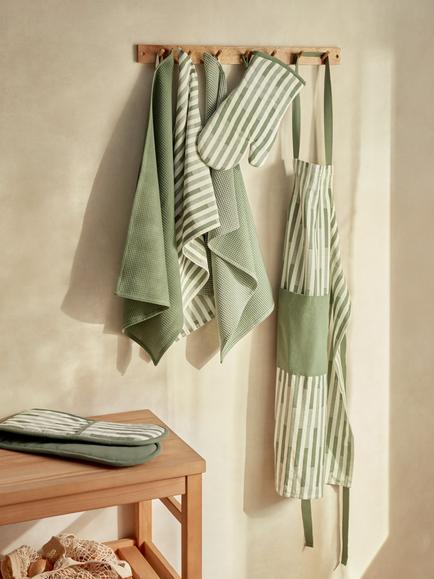 John Lewis Staggered Stripe & Check Cotton Tea Towels, Set of 3 - view 2, Rosemary
