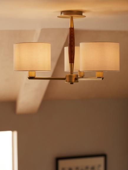 John Lewis Spindle 3 Arm Semi Flush Ceiling Light, Walnut Stained Ash - view 2, Walnut Stained Ash
