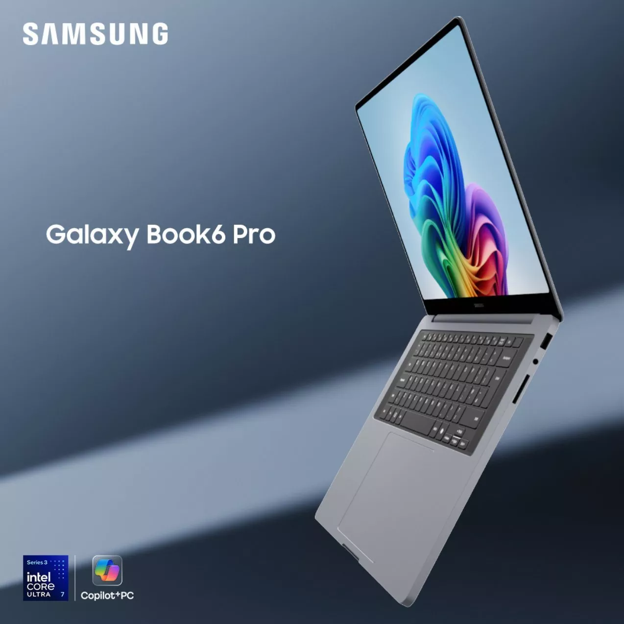 An open Samsung Galaxy Book6 Pro laptop floating at an angle against a blue gradient background. Small Intel Core Ultra 7 and Copilot+ PC logos are visible in the corner.
