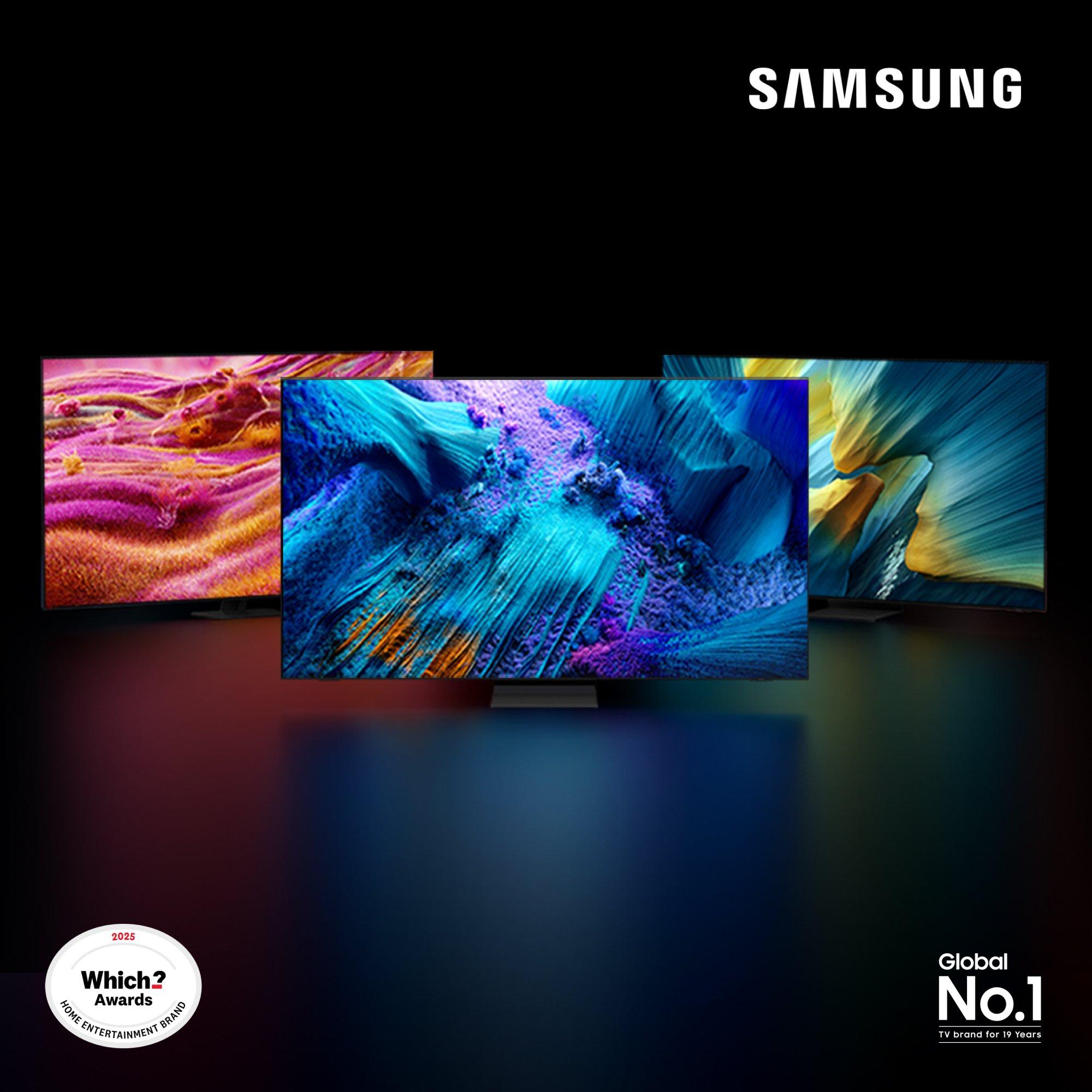 Three Samsung televisions shown against a dark background, with 3 logos for the 2025 Which? Awards, Trusted Reviews, and global No.1 TV