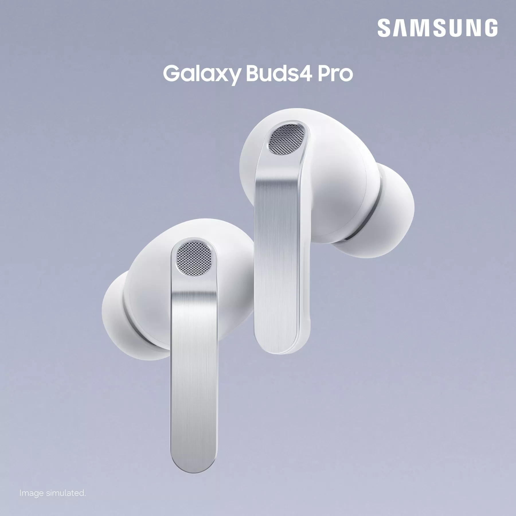 Samsung Galaxy Buds4 Pro in white, showcasing sleek design and advanced audio features on a grey background.