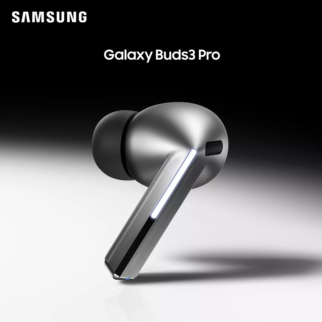 Samsung Galaxy Buds3 Pro in a sleek, open charging case, set against a vibrant purple background.