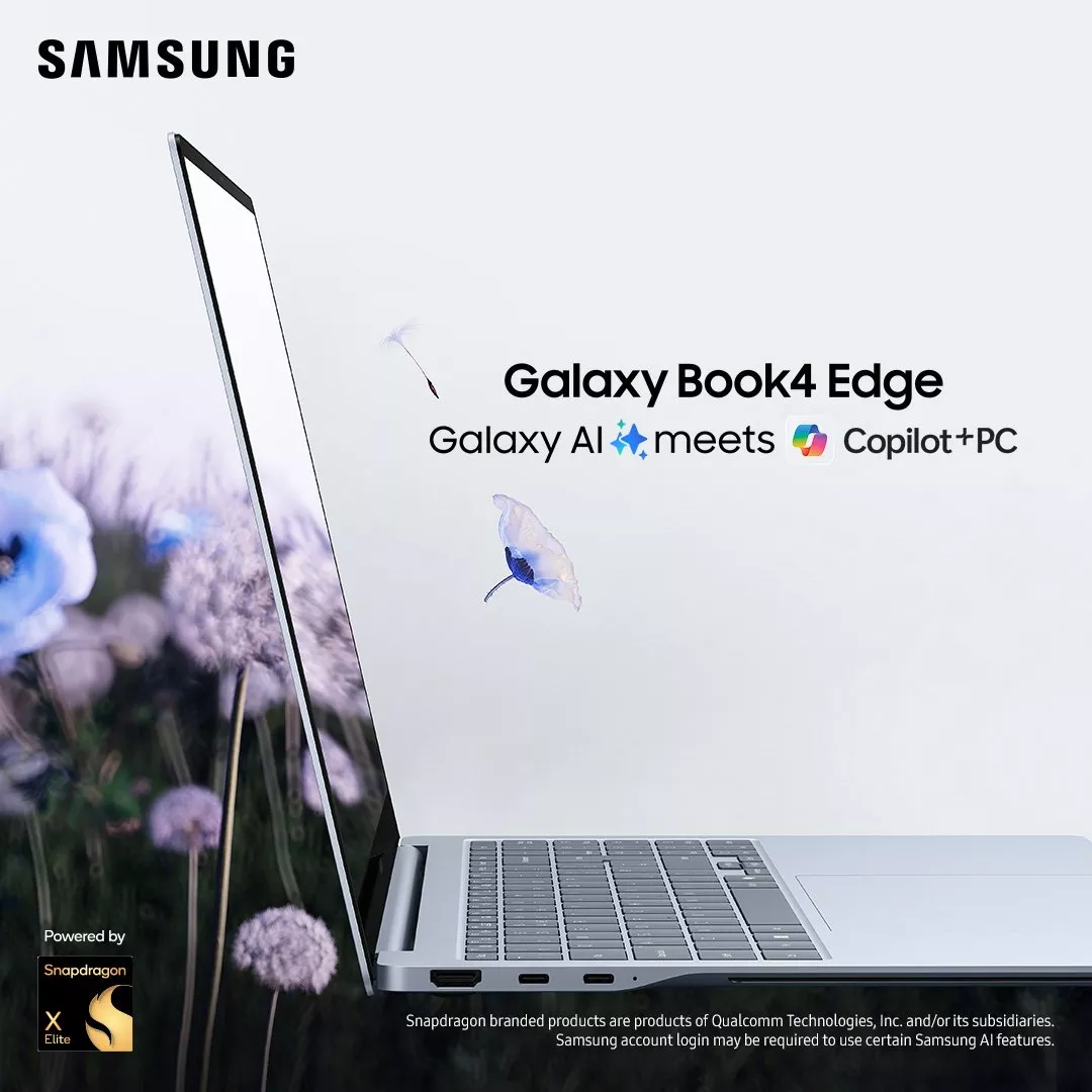 Sleek Samsung Galaxy Book4 Edge laptop with Galaxy AI and Copilot+PC, set against a floral backdrop.