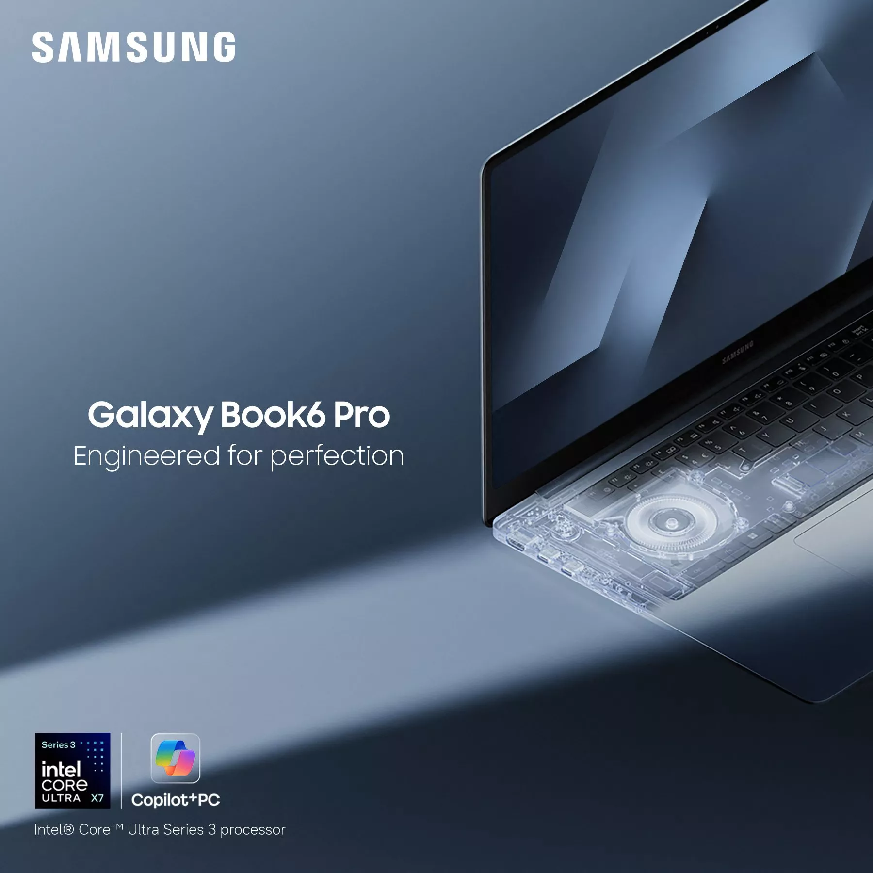 Samsung Galaxy Book6 Pro laptop with Intel Core Ultra X7, showcasing sleek design and advanced features.