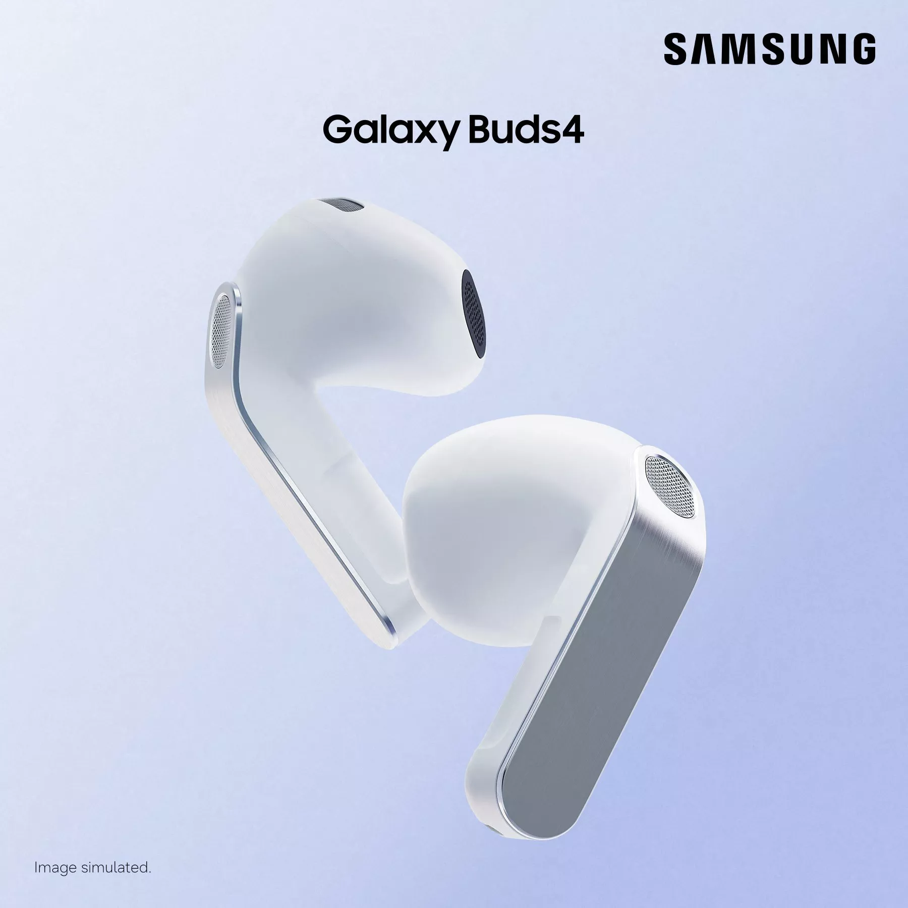 Samsung Galaxy Buds4 wireless earbuds in white with sleek design on a light blue background.