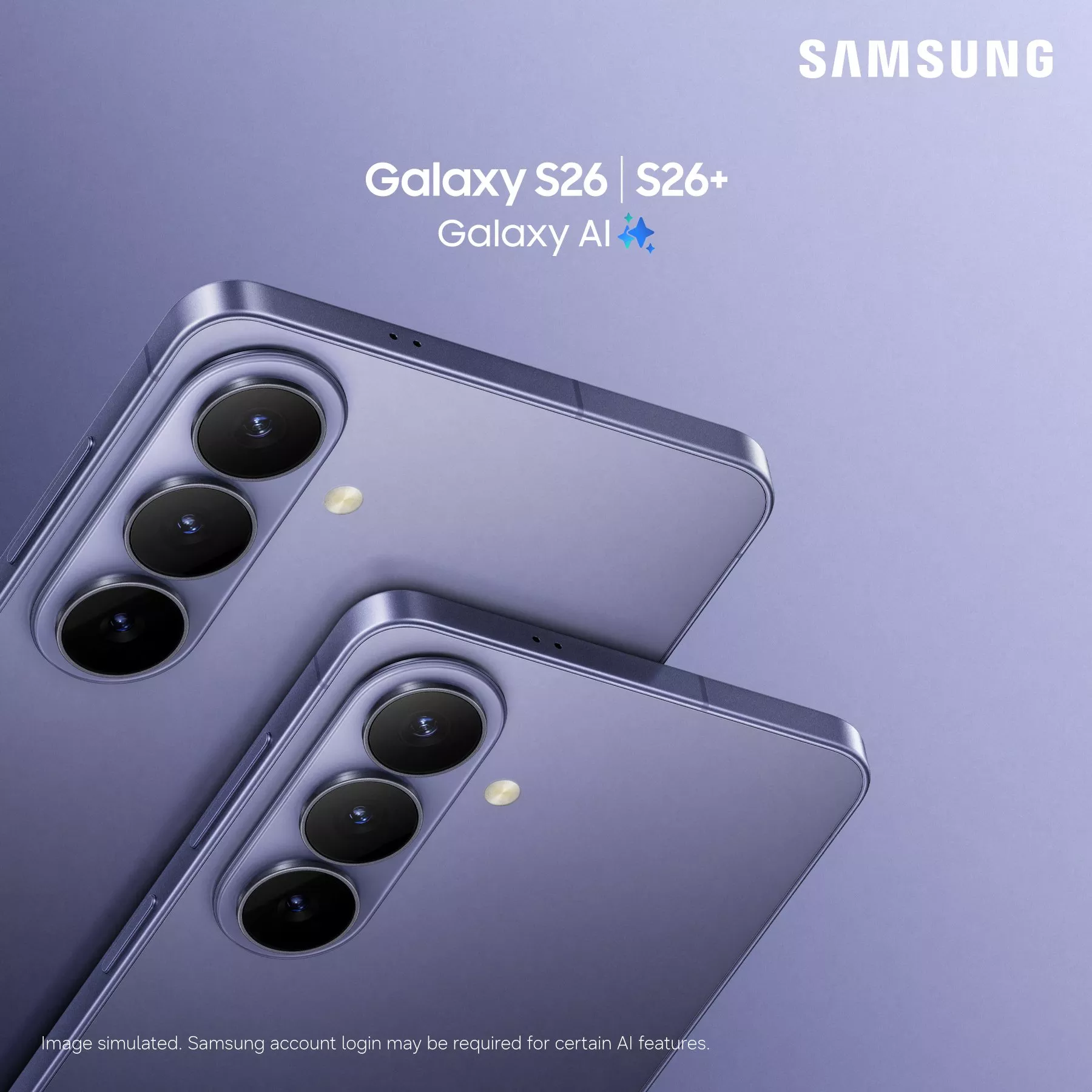 Samsung Galaxy S26 and S26+ phones with sleek design and triple-camera setup on a purple background.