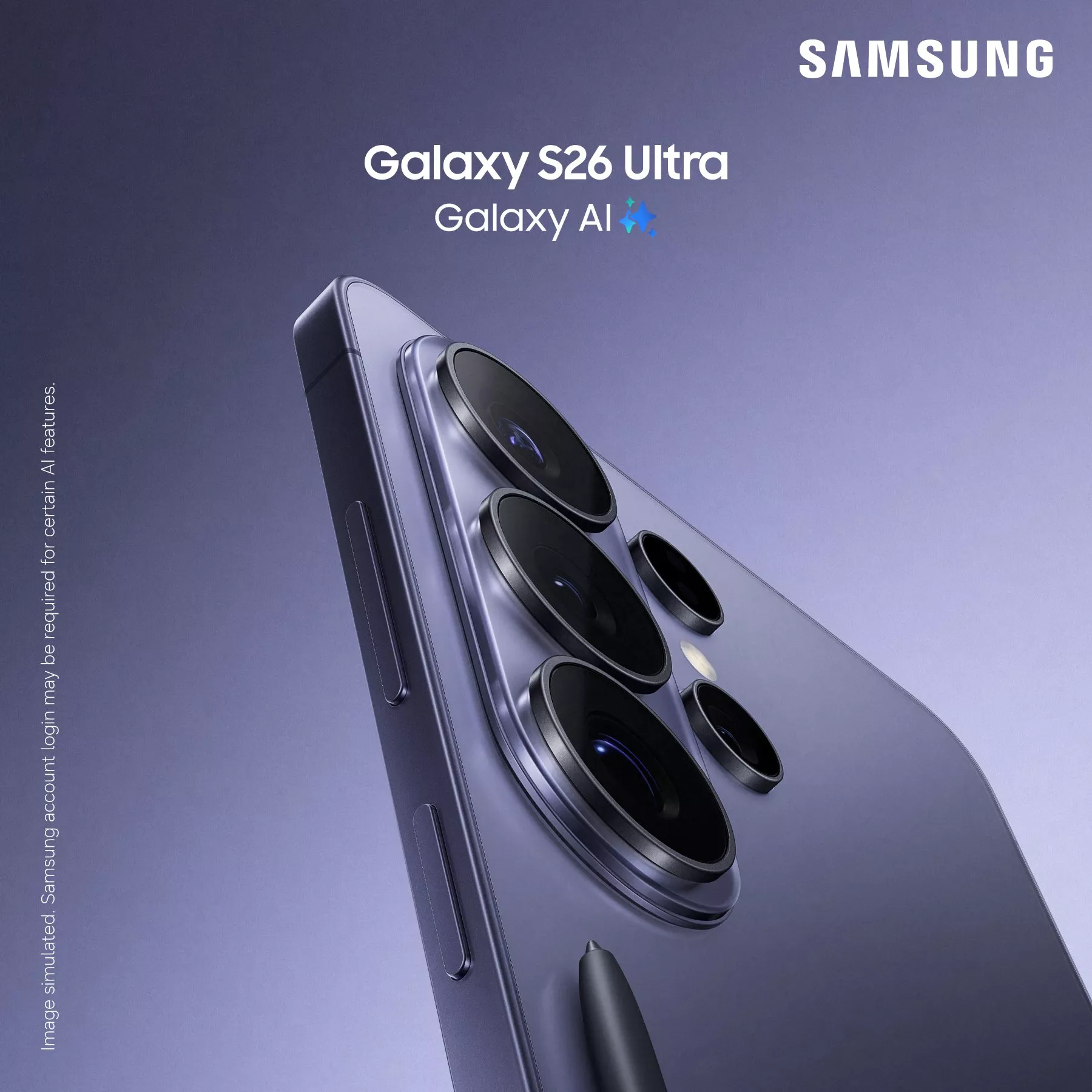 Samsung Galaxy S26 Ultra in purple, showcasing its advanced camera lenses and sleek design on a gradient background.