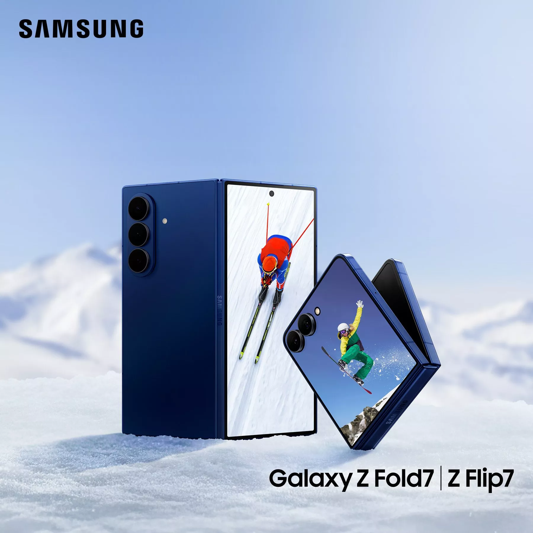 Samsung flip phone on a snowy background