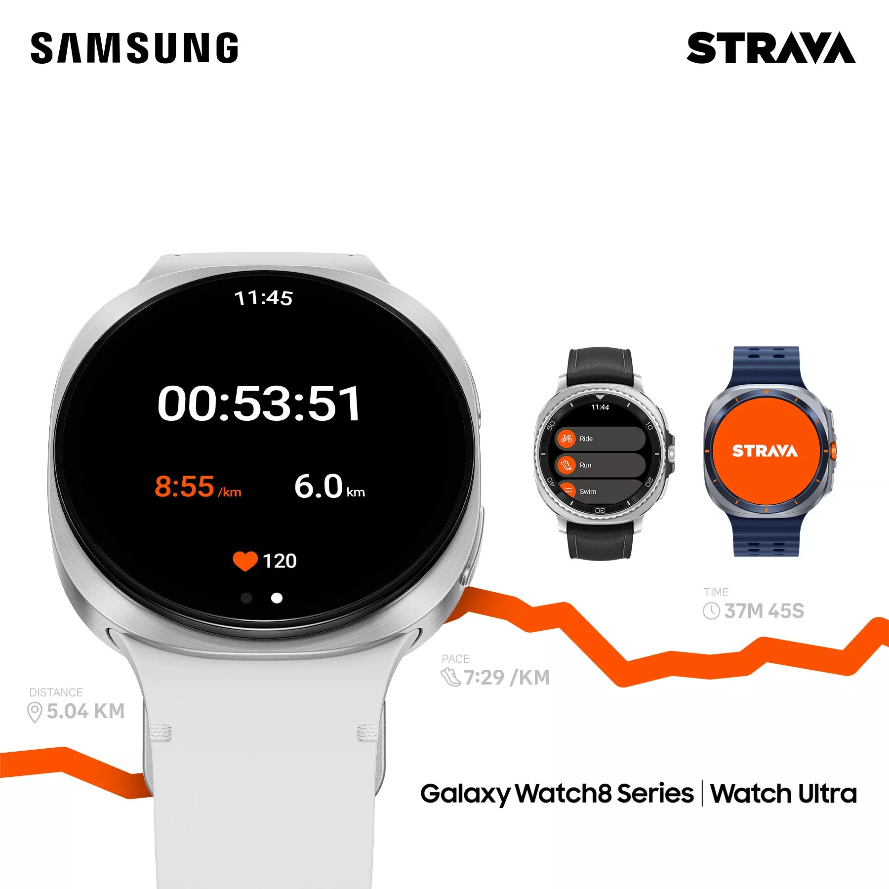 Samsung Galaxy Watch8 Ultra fitness smartwatch with Strava app tracking run, ride and swim for urban runners in the rain