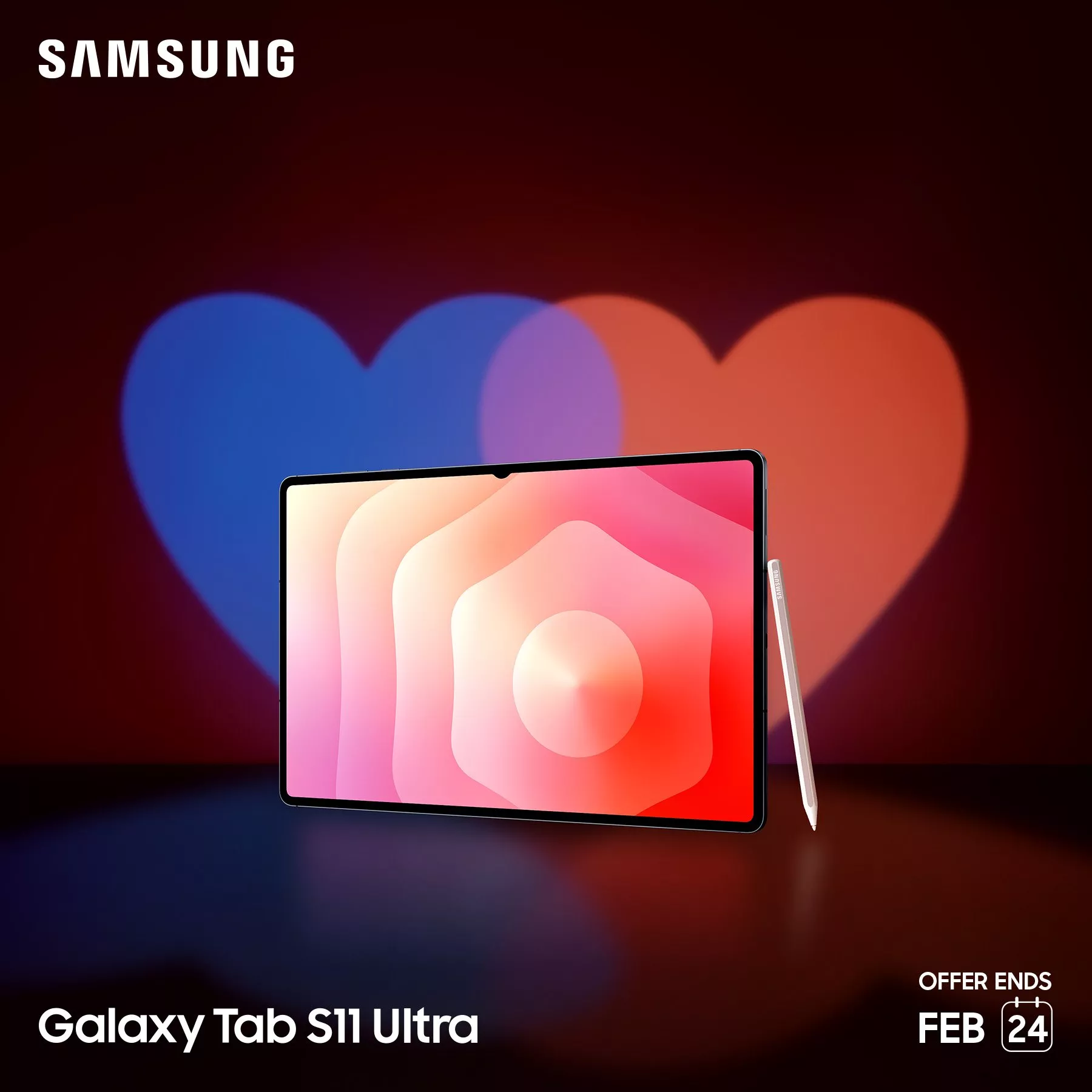 Samsung Galaxy Tab S11 Ultra with stylus, vibrant screen. Heart-shaped lights in the background, offer ends Feb 24.