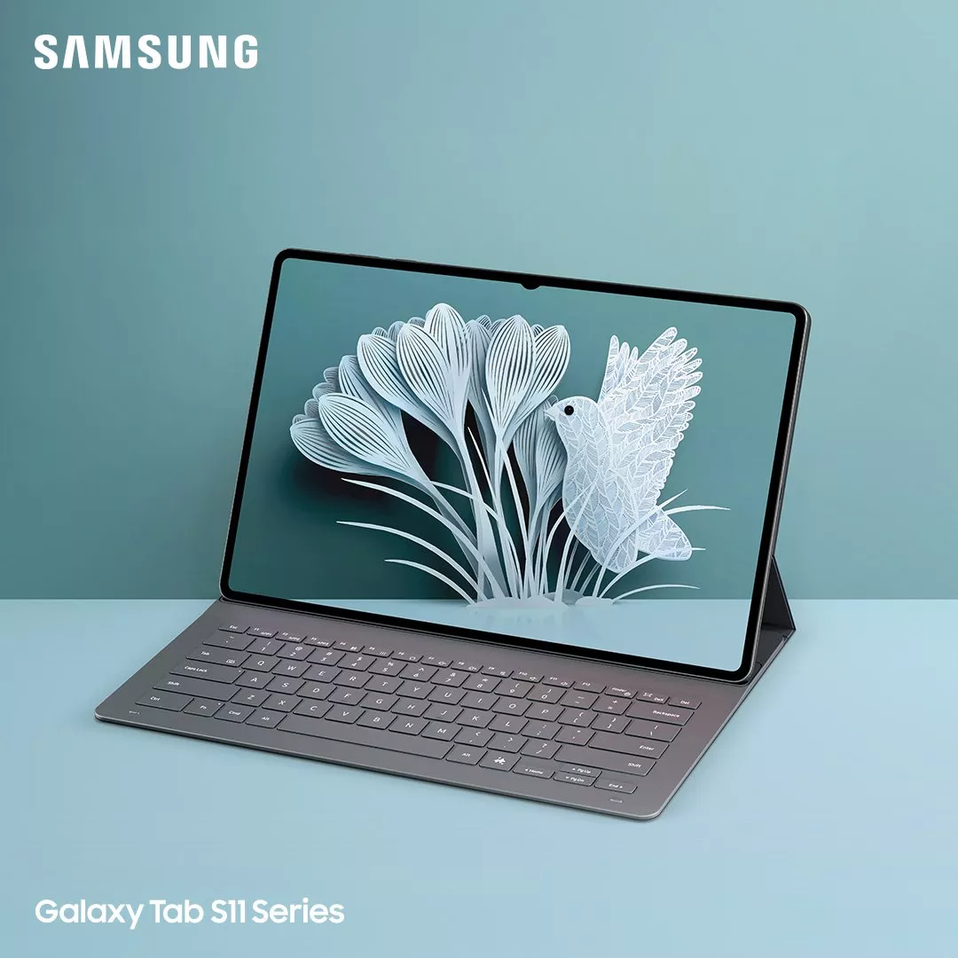 Samsung Galaxy Tab S11 with keyboard, showcasing elegant digital art of a bird and flowers on the screen.