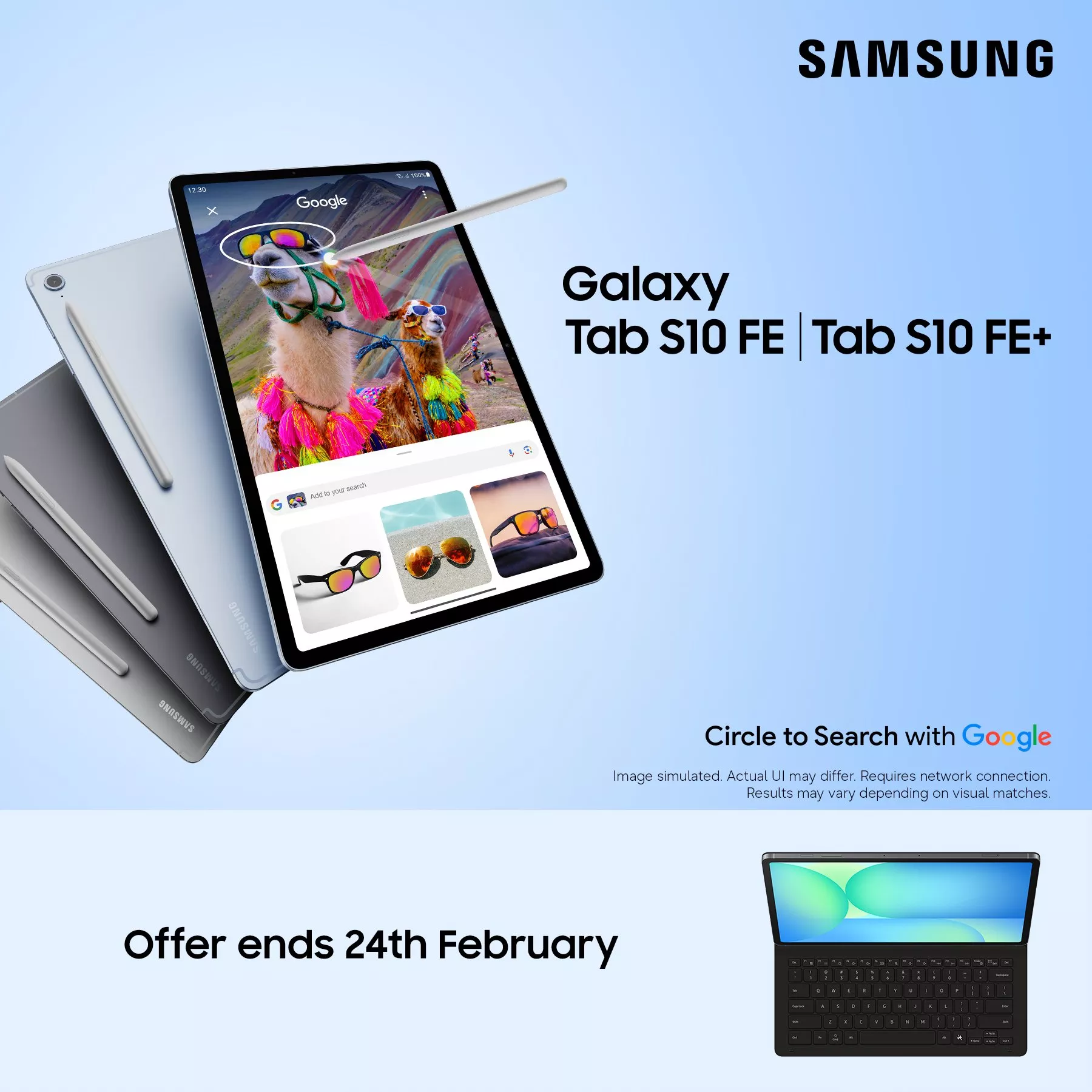 Samsung Galaxy Tab S10 FE and S10 FE+ offer with stylus, ending 24th February. Includes Google search feature.