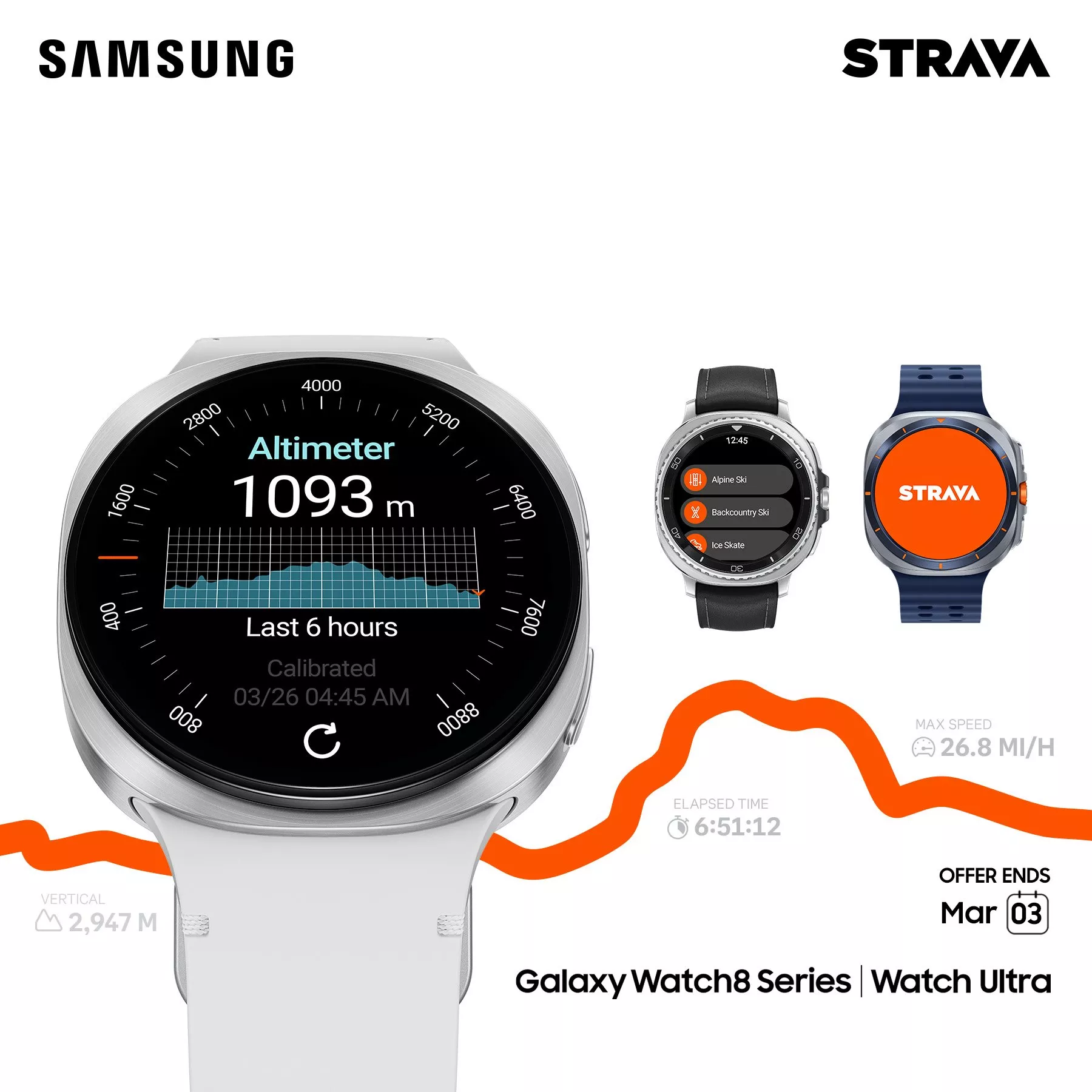 Samsung Galaxy Watch8 Series promotional image showcasing altimeter and Strava integration features.