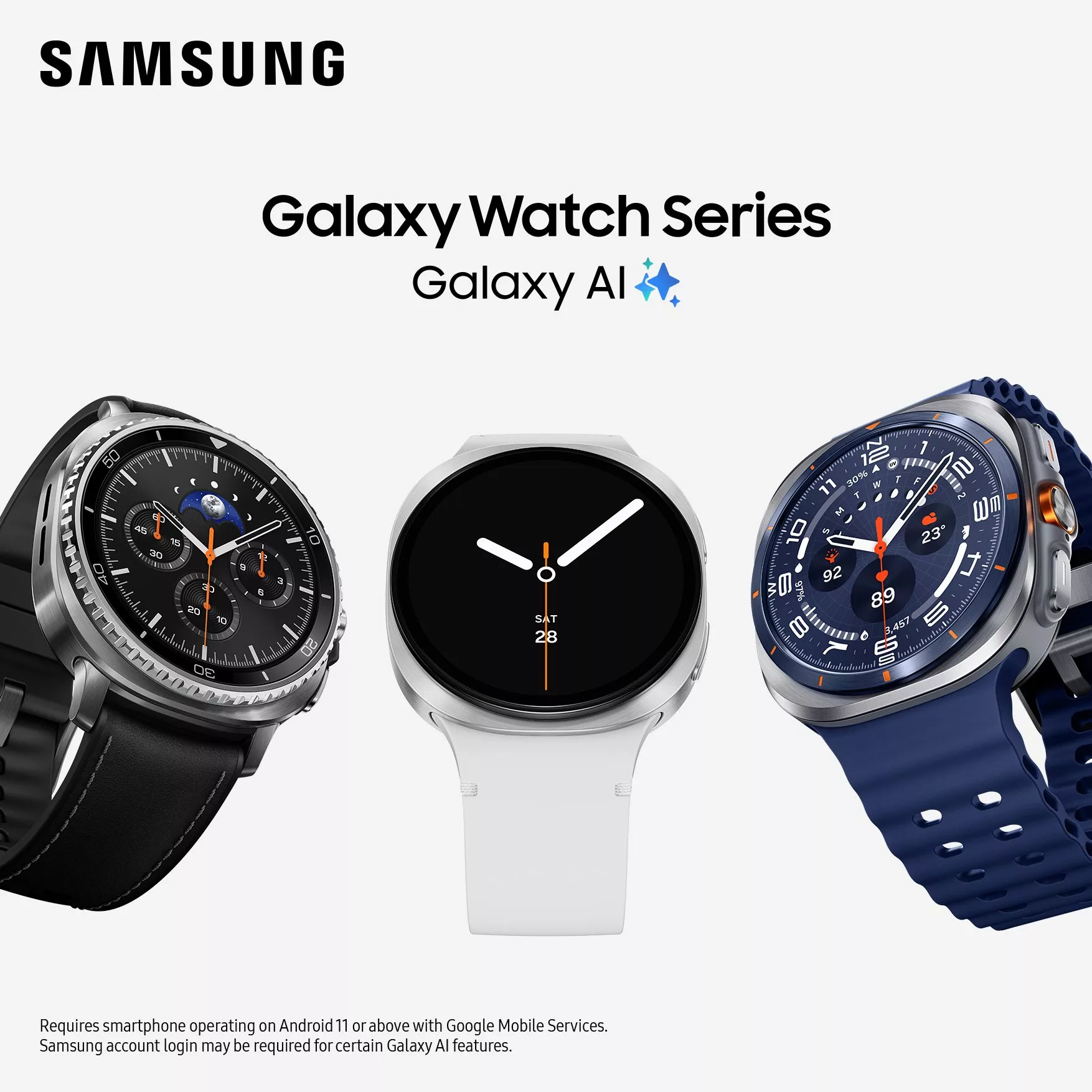 Samsung Galaxy Watch Series advert showing three smartwatches with Galaxy AI branding on a white background