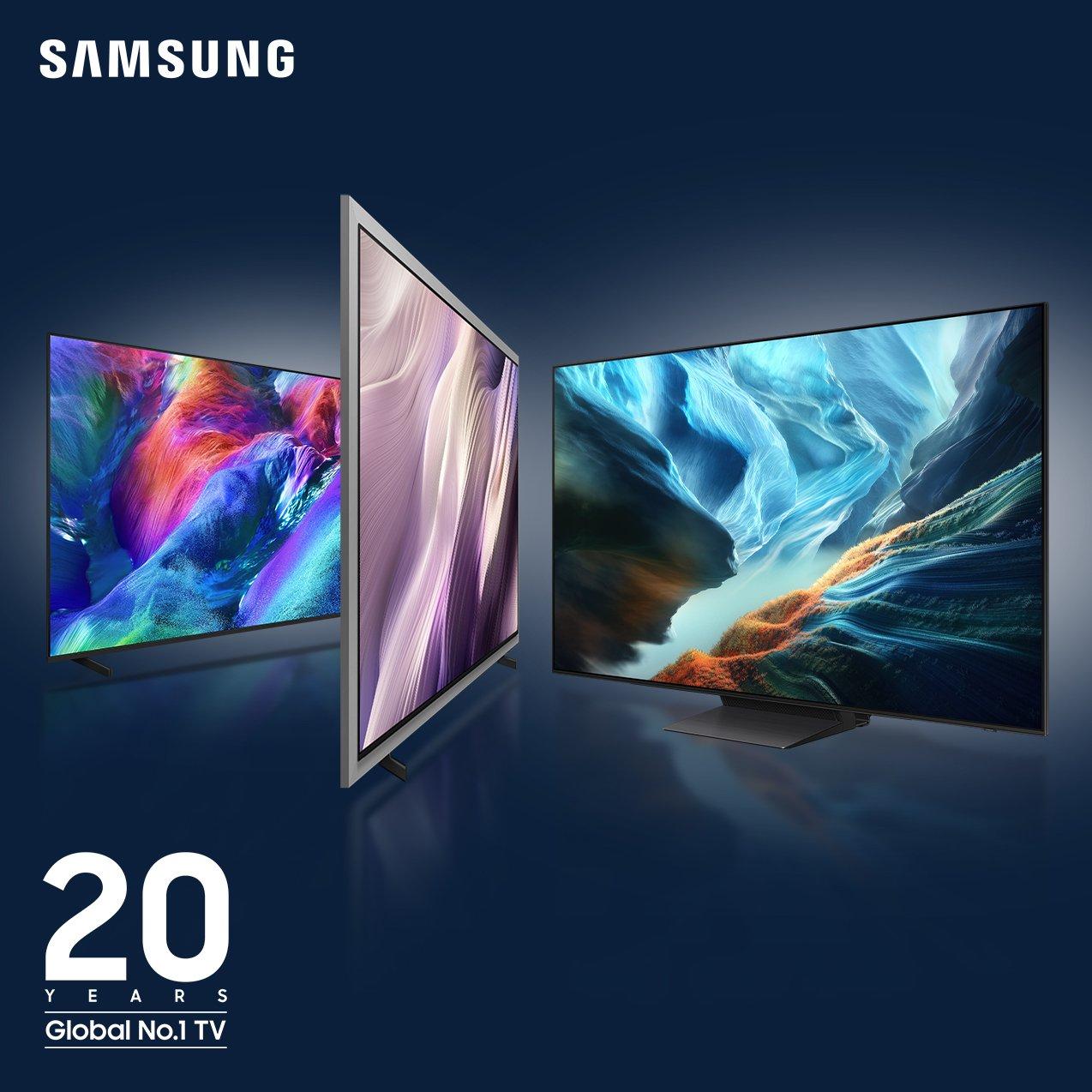 Samsung promotional image showing three modern TVs displaying colorful abstract art, with text reading "20 Years Global No.1 TV".