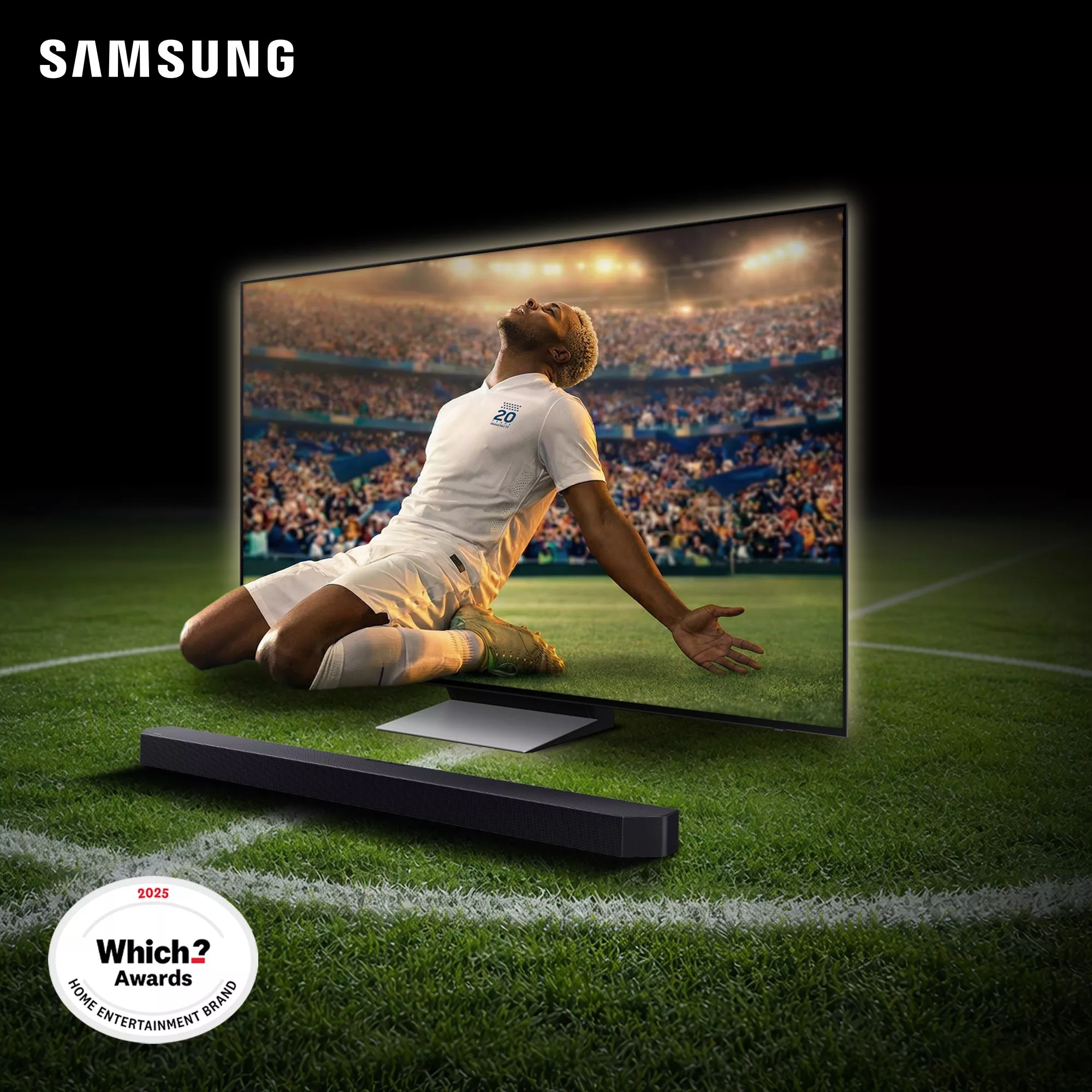 Samsung TV with soundbar showing footballer celebrating in stadium, with Which? Awards 2025 Home Entertainment badge
