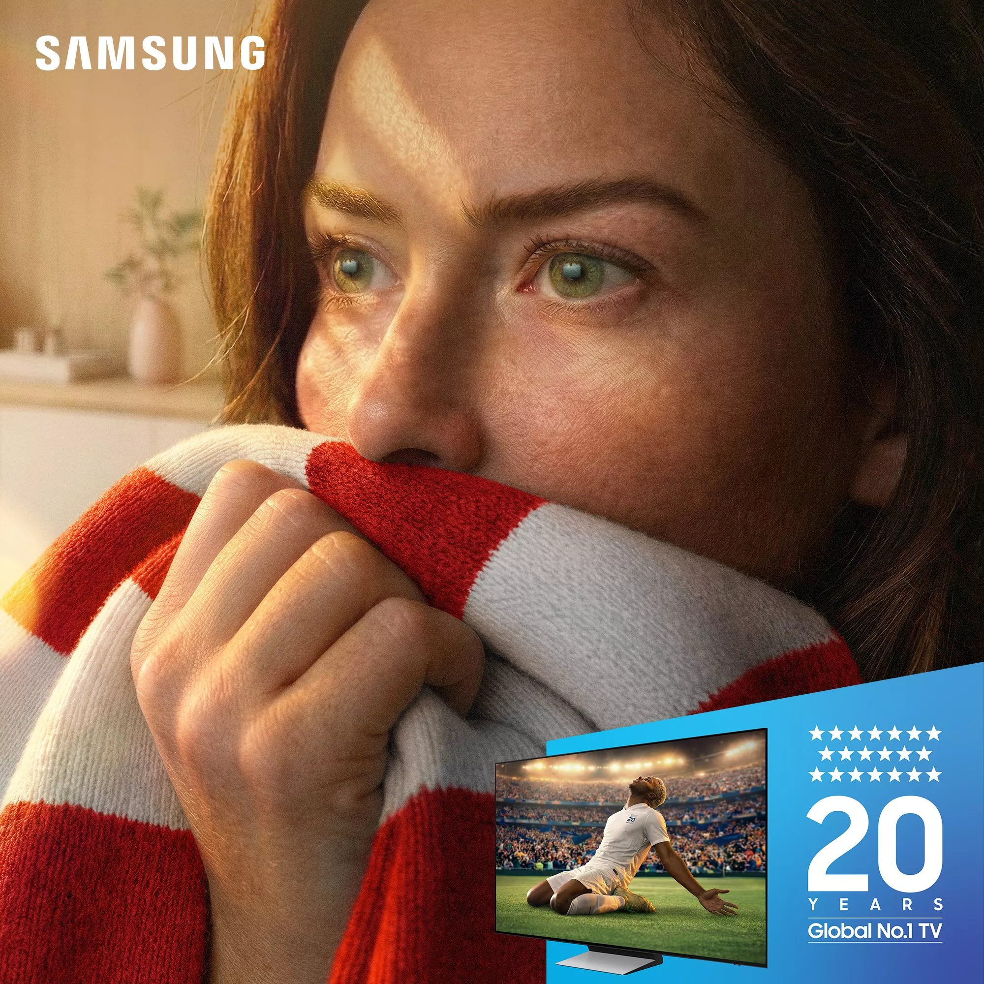 Samsung TV advert showing a woman watching football, with 20 years Global No.1 TV badge and stadium scene on screen